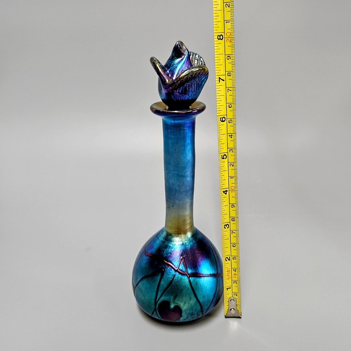 Saul Alcaraz Blue Luster Iridescent Art Glass Tall Perfume Bottle - Signed