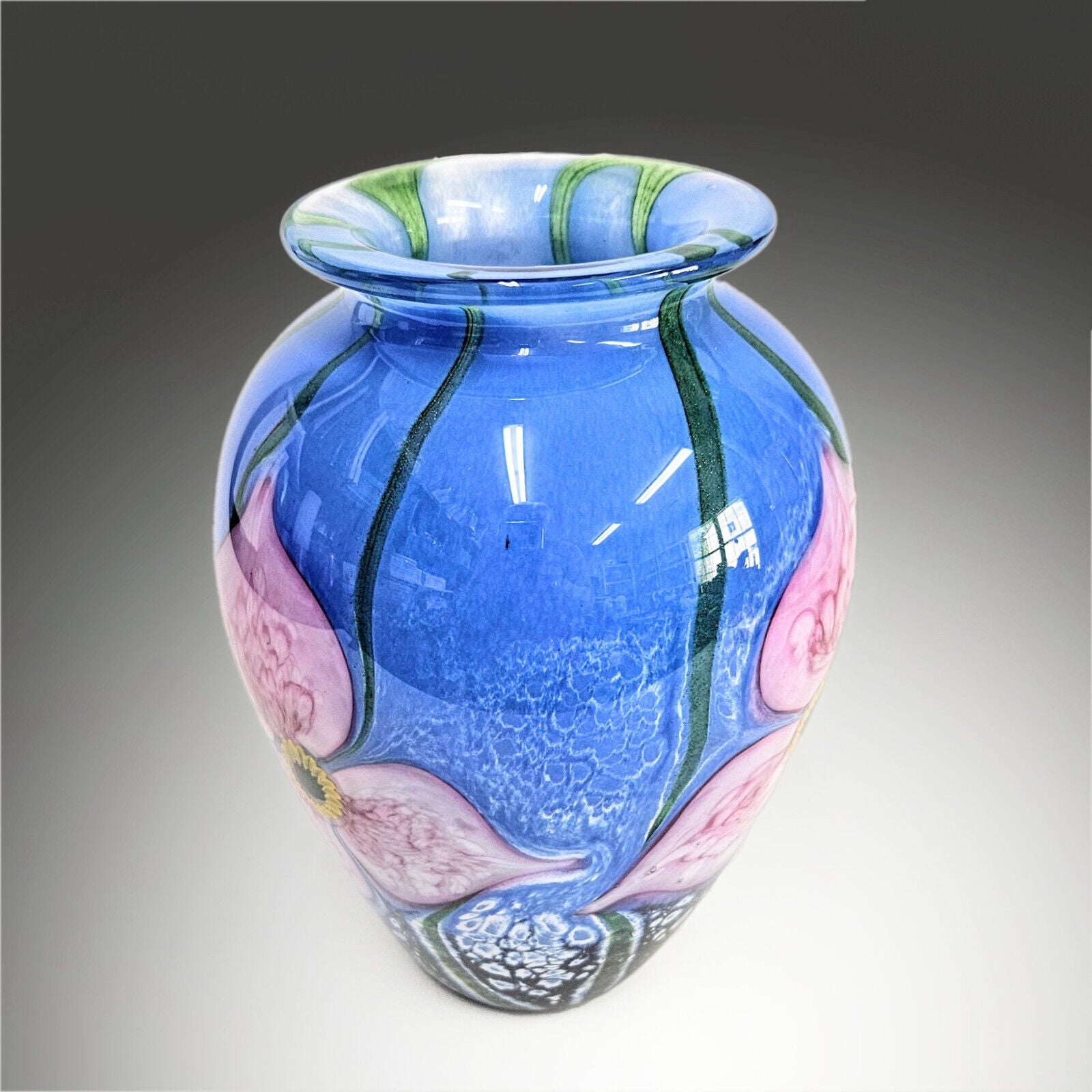 Robert Eickholt Blown Glass Art Vase | Signed and Dated 2002 | Pink Blue Floral