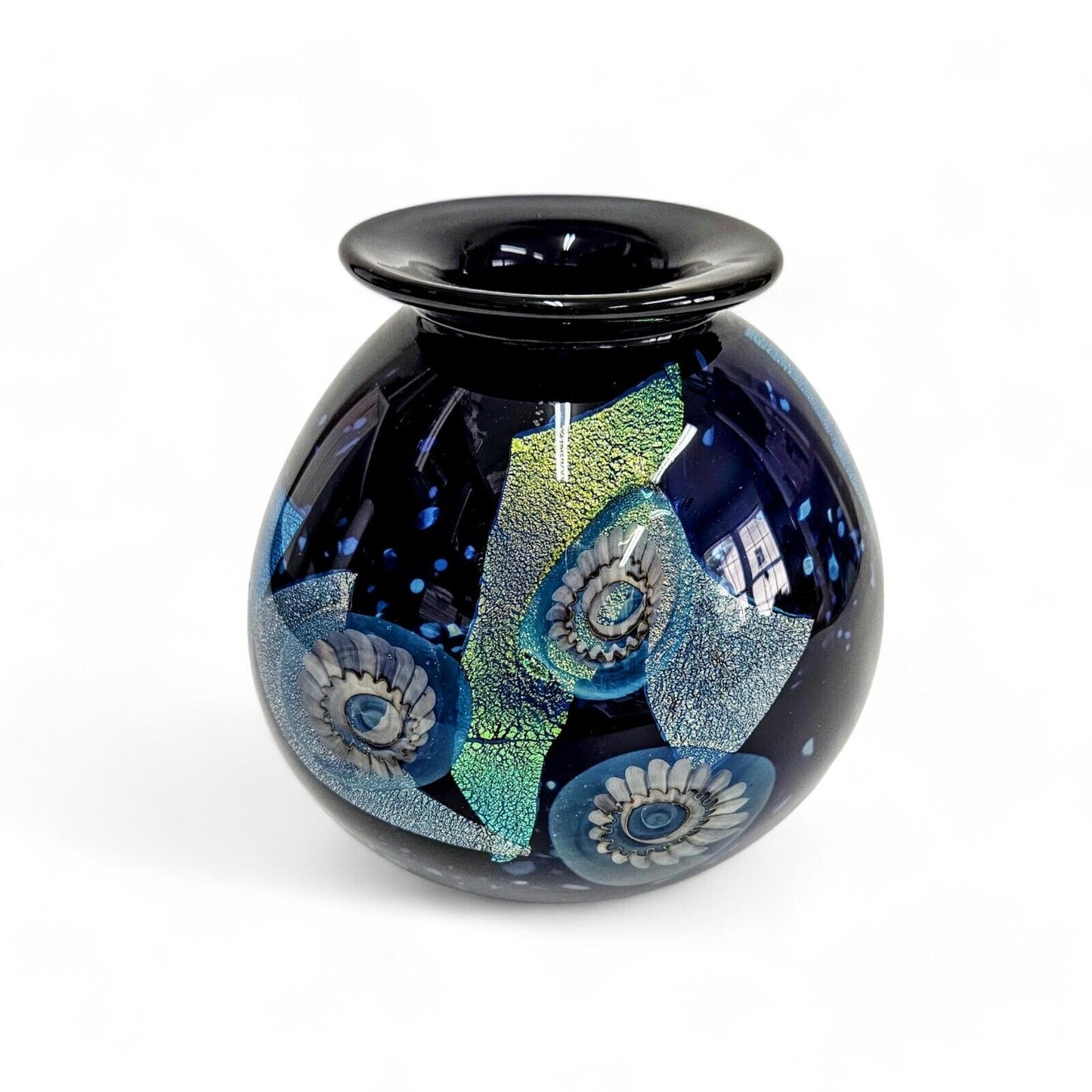 Robert Eickholt Glass Art Vase Signed Dated 2002 | Blue Dichroic Glass on Black