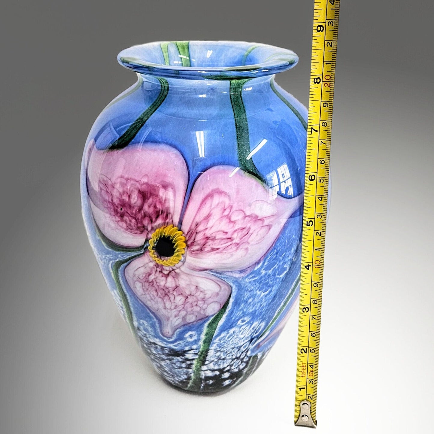 Robert Eickholt Blown Glass Art Vase | Signed and Dated 2002 | Pink Blue Floral