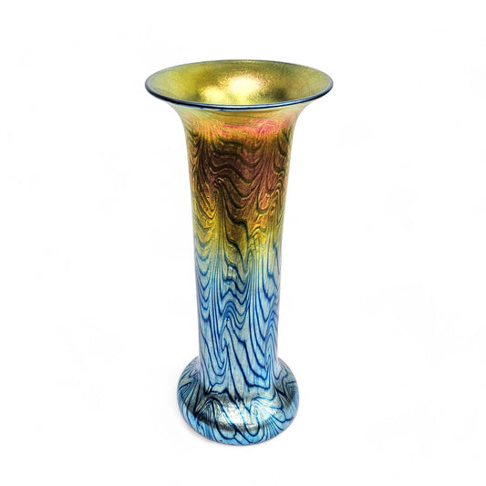 Lundberg Studio Glass Art Vase in Iridescent Blues Orange Gold Signed 2008