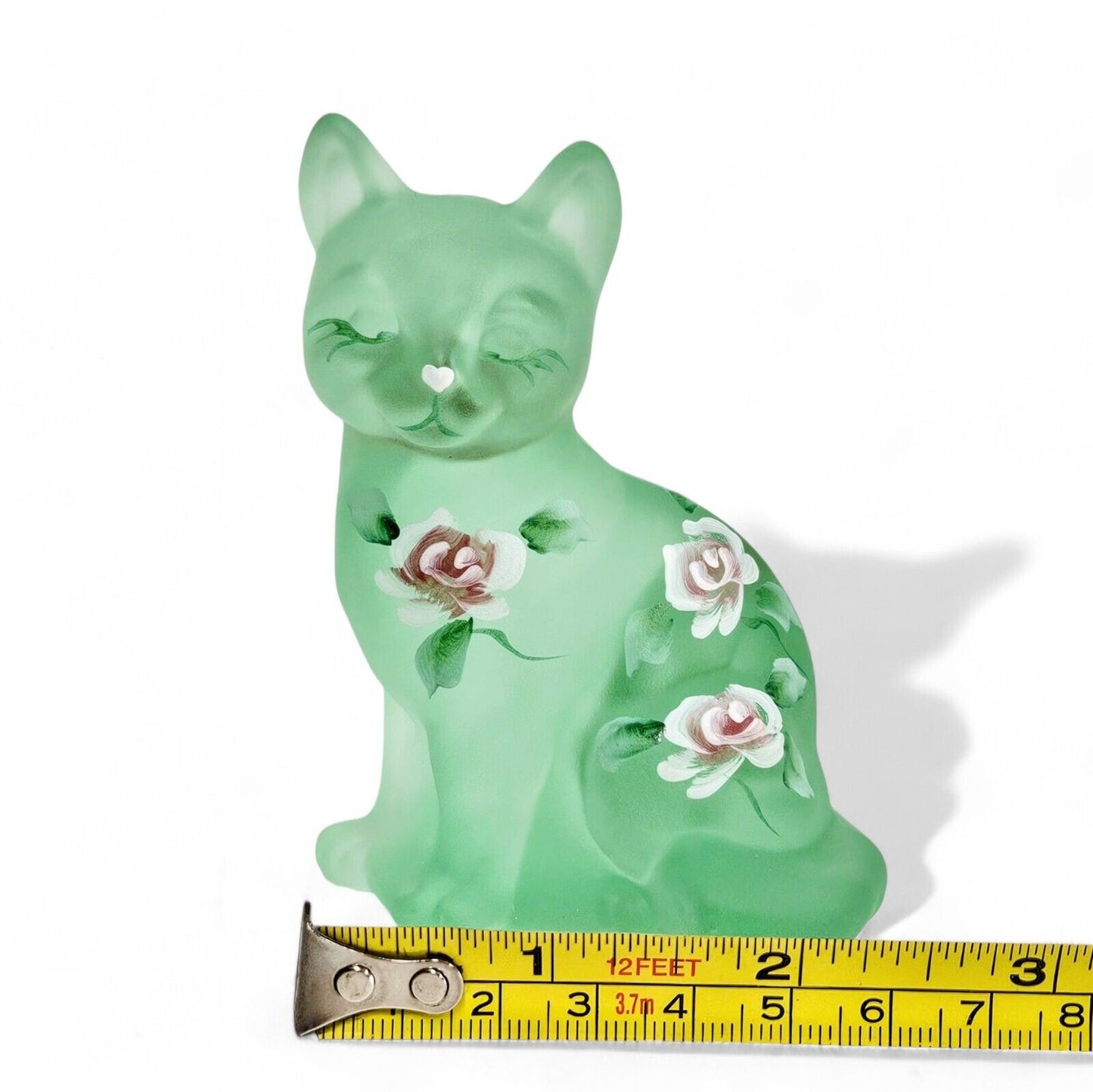 Fenton Art Glass Frosted Green Curious Cat | Hand Painted | Signed Sean K Fenton