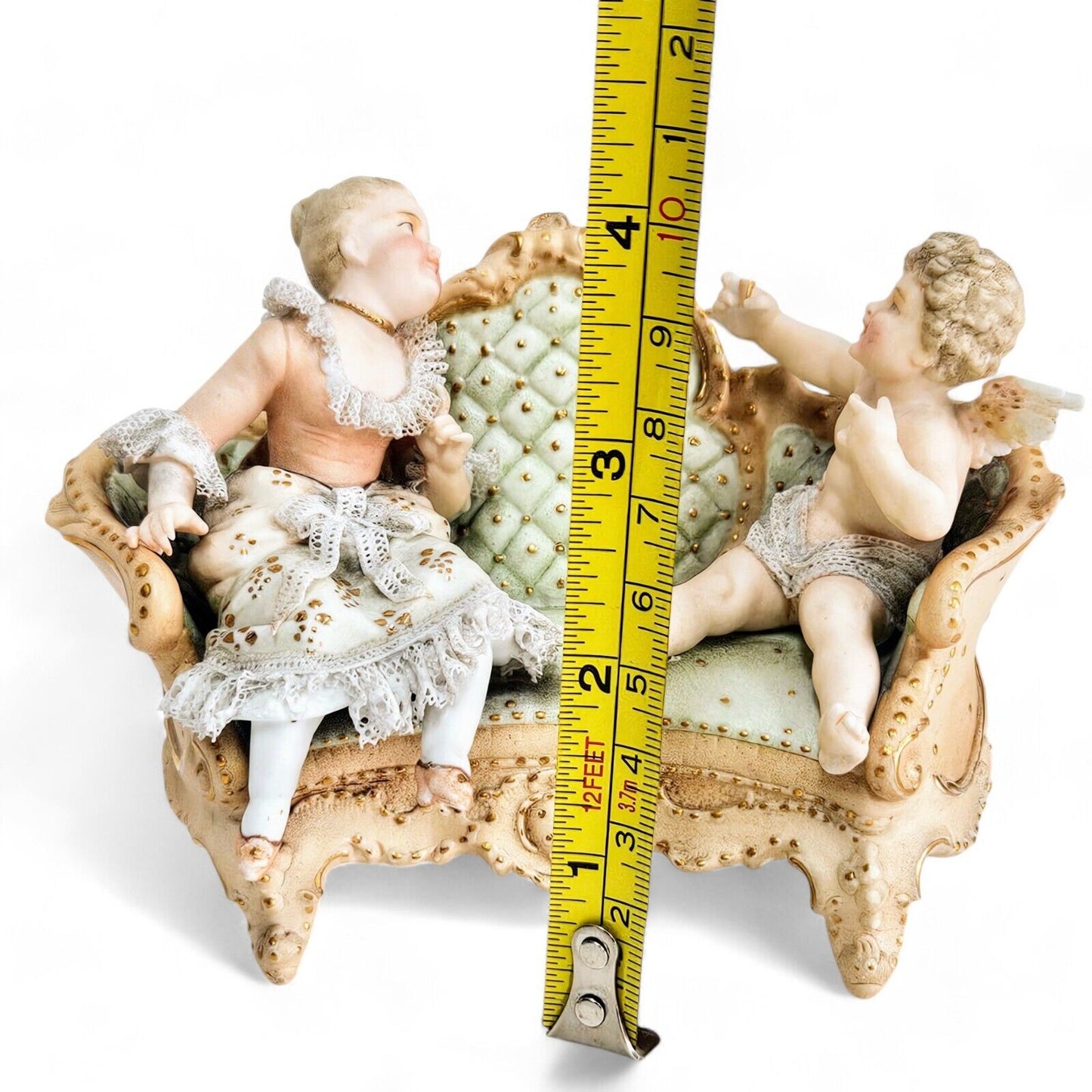 Antique Meissen Porcelain Woman with Cherub on Sofa Figurine