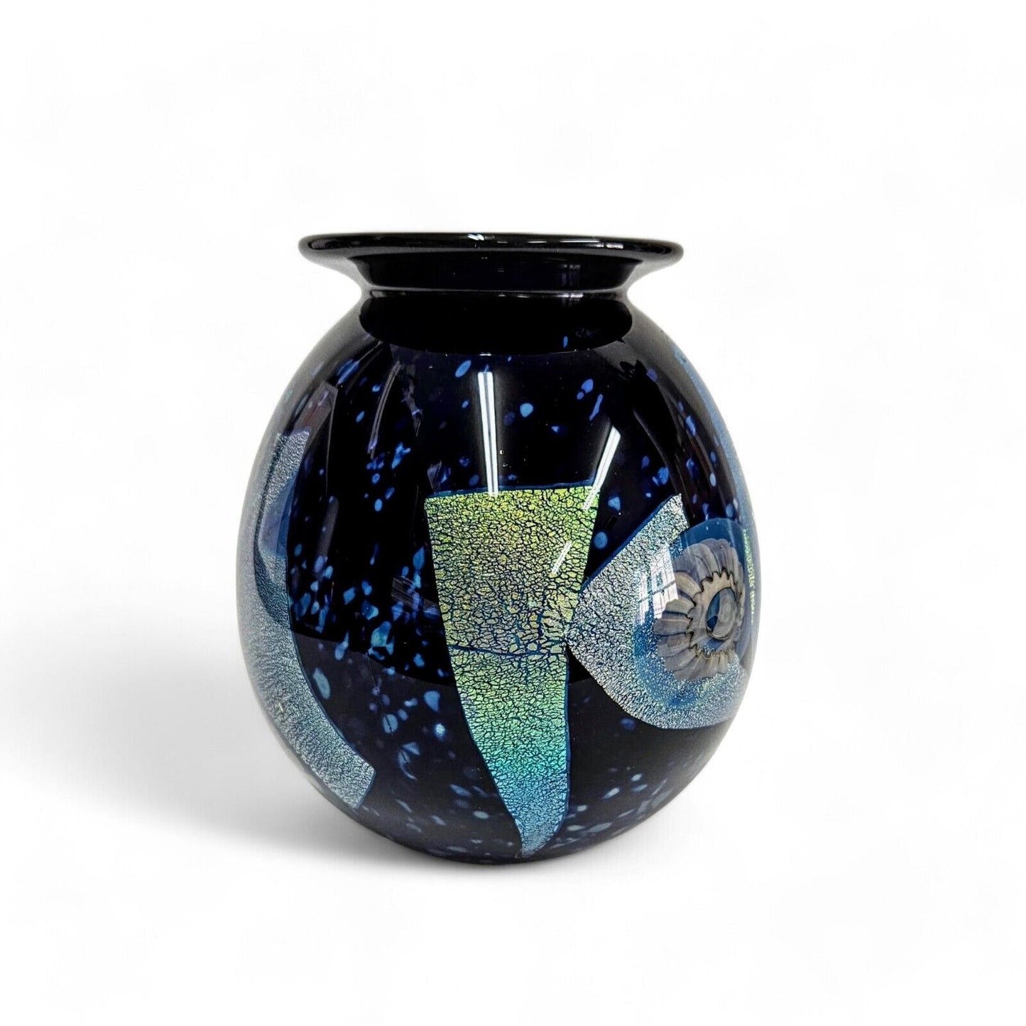 Robert Eickholt Glass Art Vase Signed Dated 2002 | Blue Dichroic Glass on Black