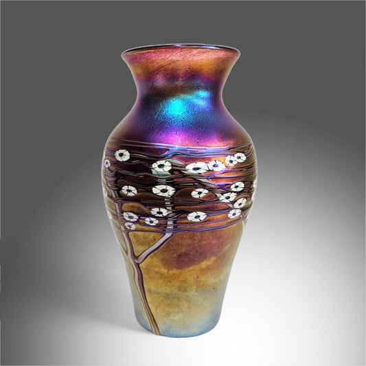 Blown Glass Art Large Vase | Zellique Studio Art Glass Iridescent Blossoms