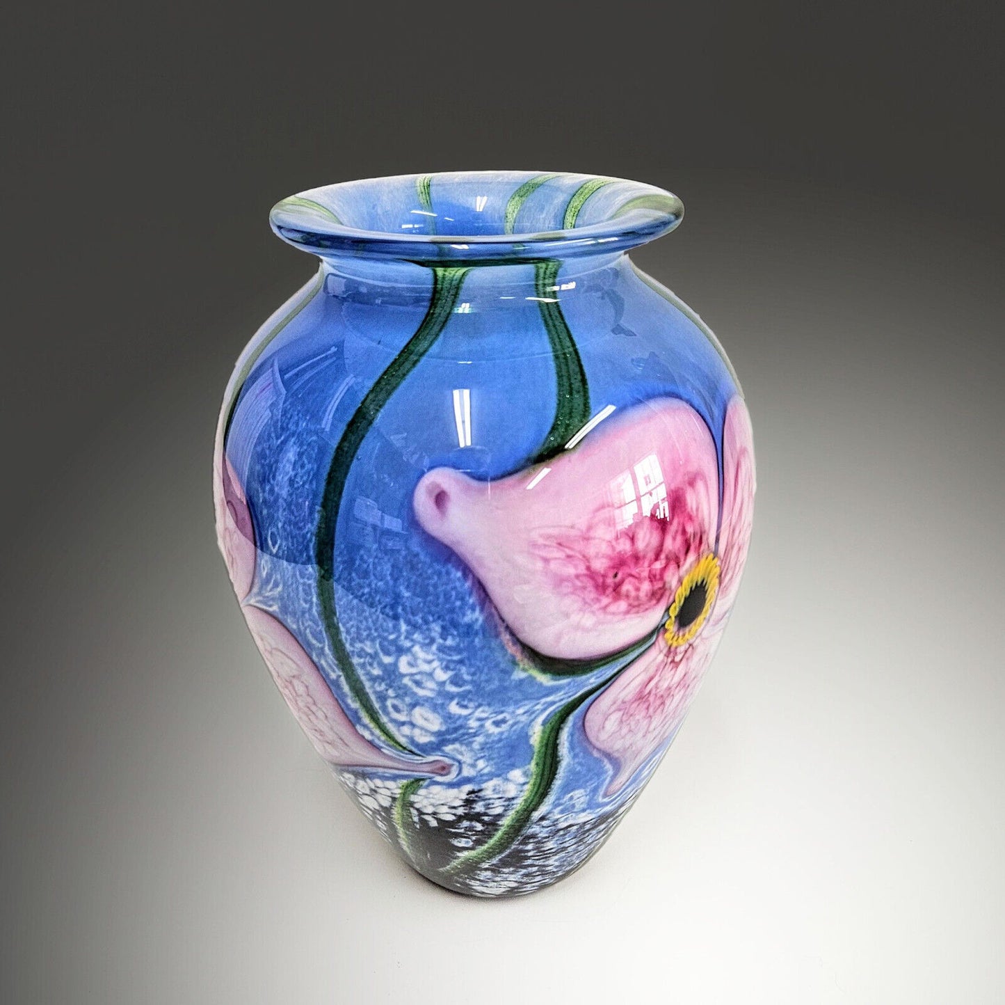 Robert Eickholt Blown Glass Art Vase | Signed and Dated 2002 | Pink Blue Floral