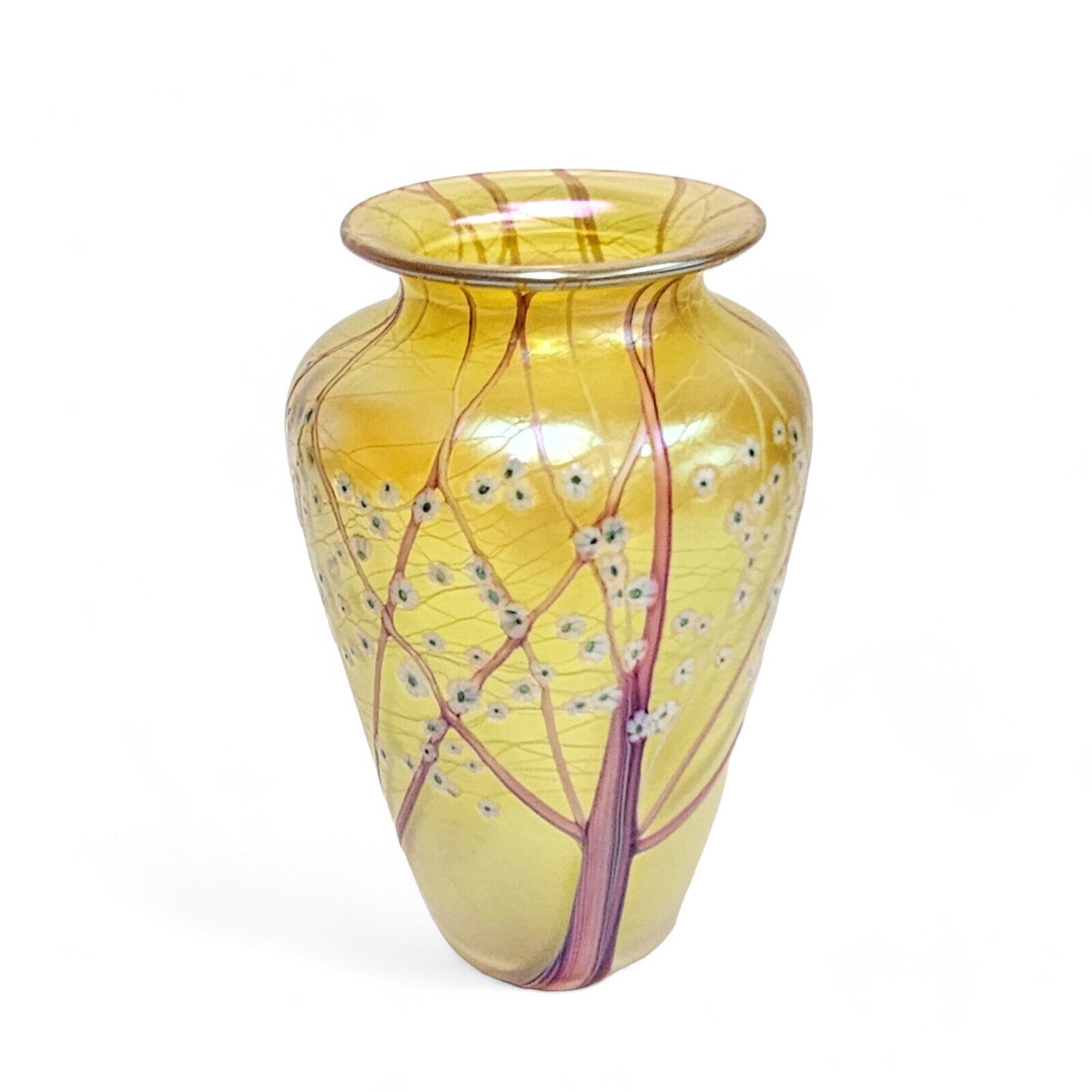 Orient & Flume Hawthorne Vase | Gold Irid Glass Art White Blossom | Signed Dated