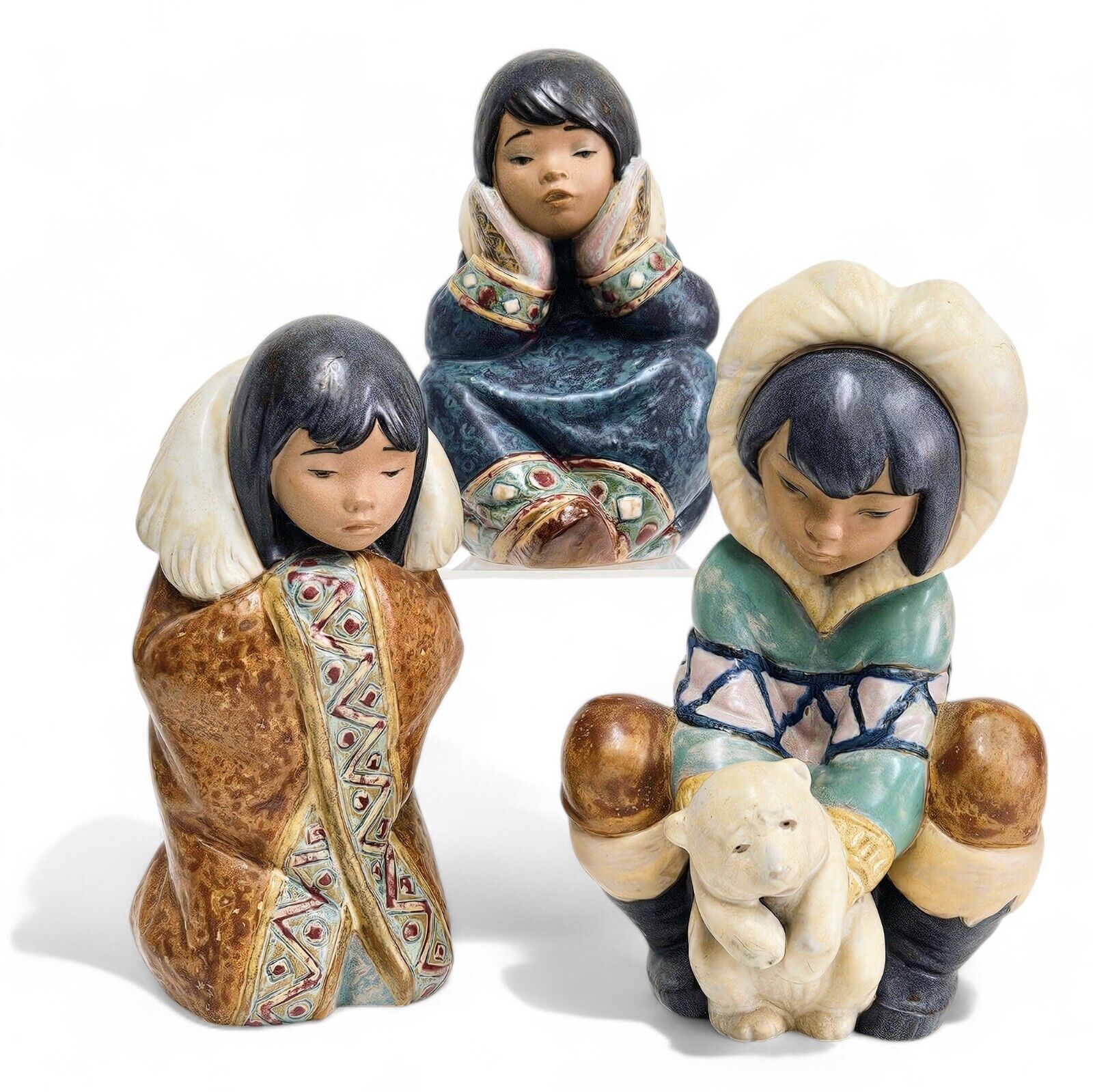 LLadro Artic Inuit Eskimo Figurines | Gres Finish | Vintage 2158, 2156, 2232