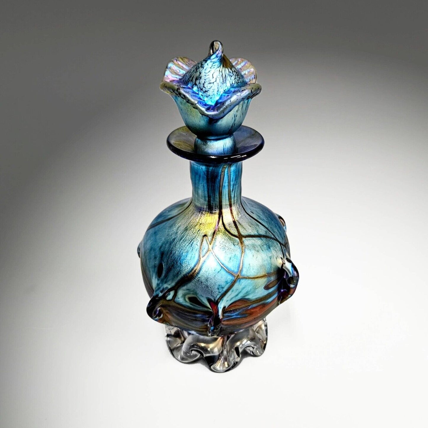 Saul Alcaraz Blue Luster Iridescent Art Glass Perfume Bottle - Signed