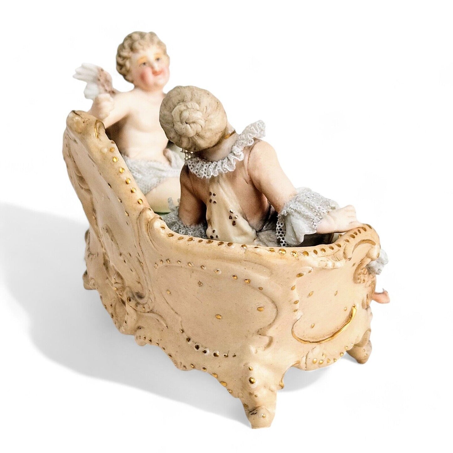 Antique Meissen Porcelain Woman with Cherub on Sofa Figurine