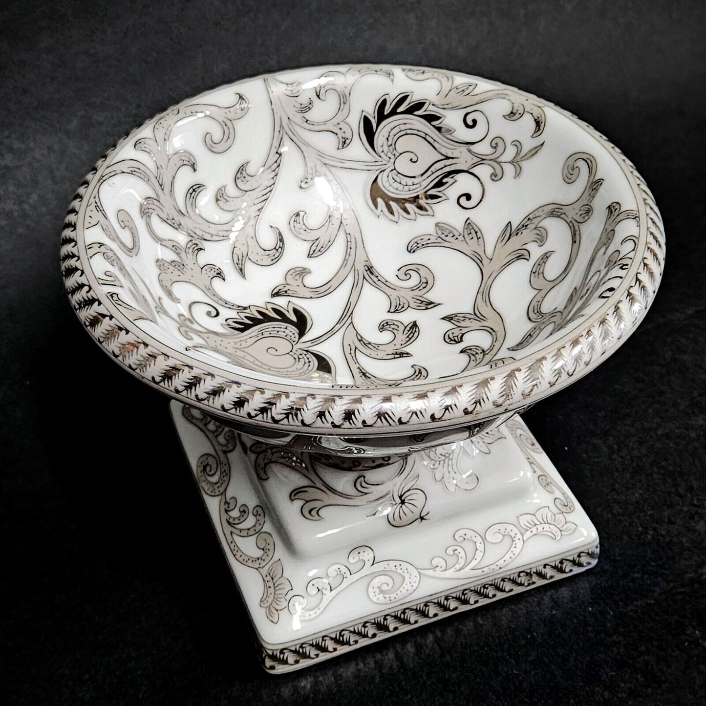 Vintage Silver Anniversary Footed Bowl | Ceramic White with Silver Overlay