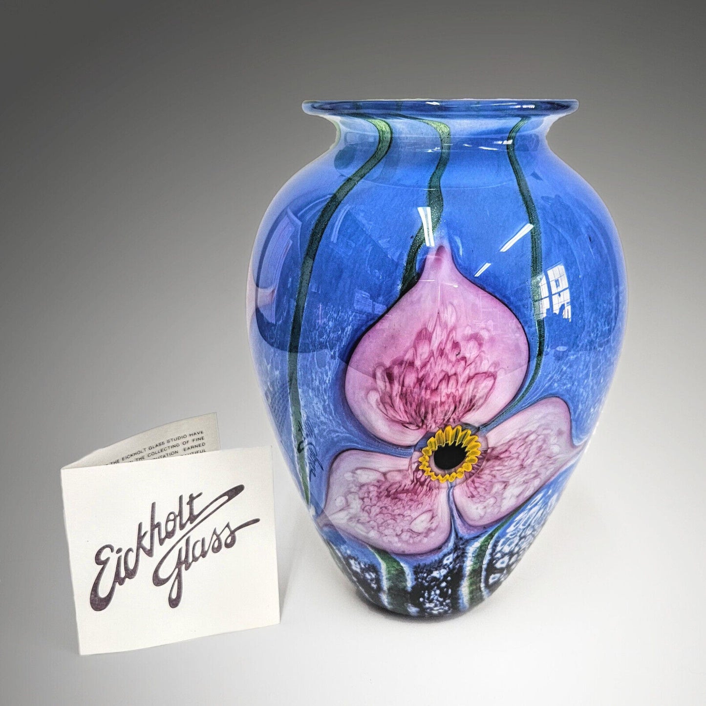 Robert Eickholt Blown Glass Art Vase | Signed and Dated 2002 | Pink Blue Floral