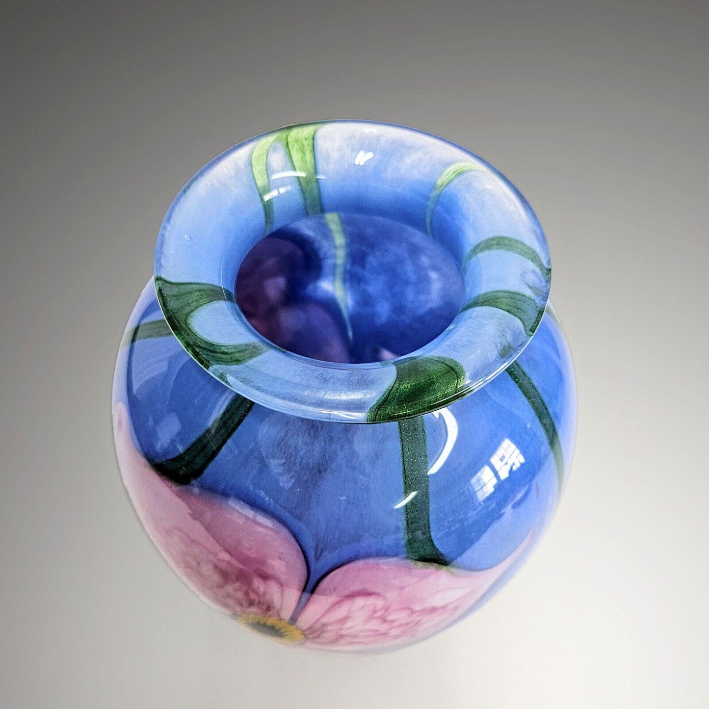 Robert Eickholt Blown Glass Art Vase | Signed and Dated 2002 | Pink Blue Floral