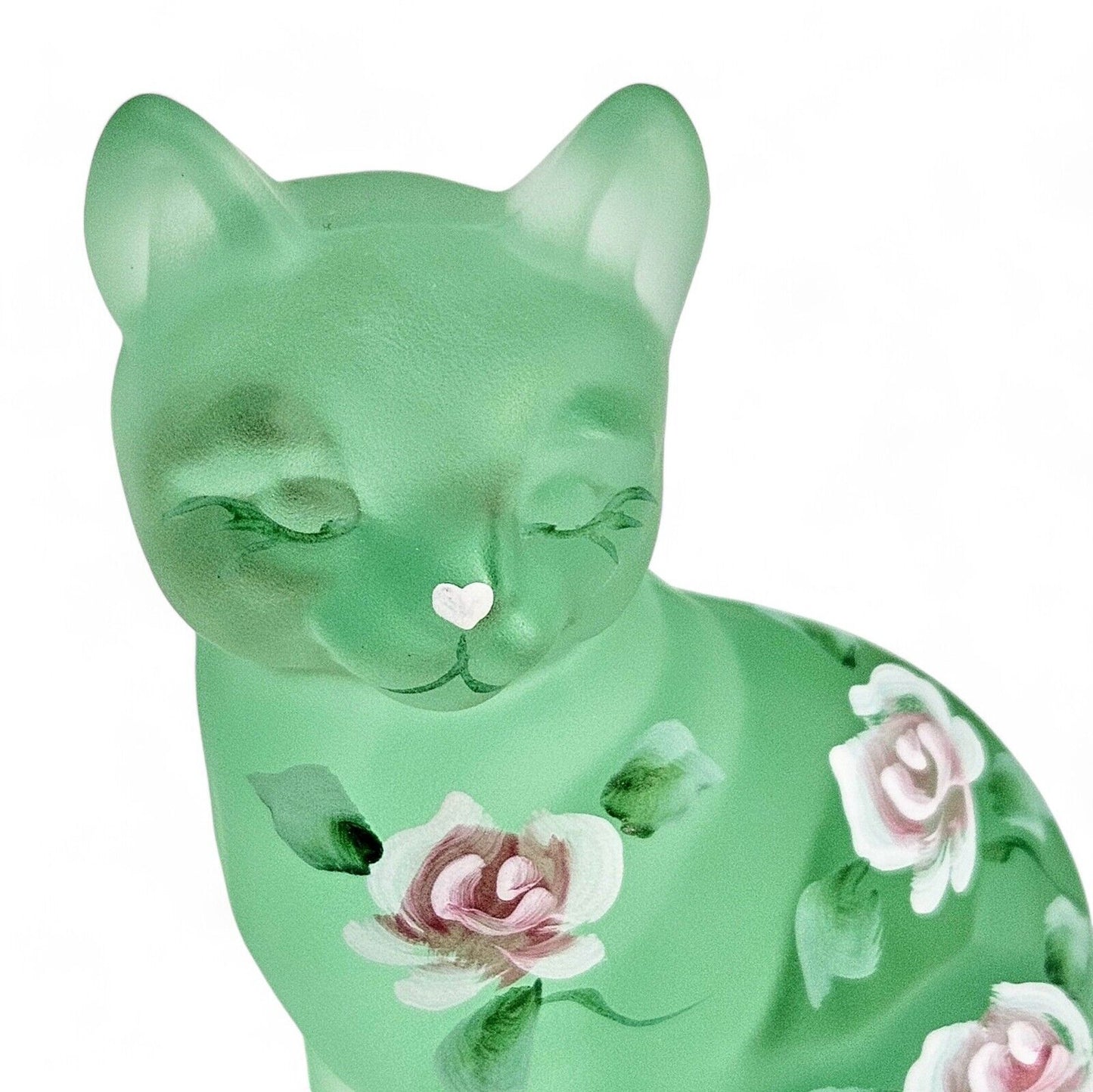 Fenton Art Glass Frosted Green Curious Cat | Hand Painted | Signed Sean K Fenton