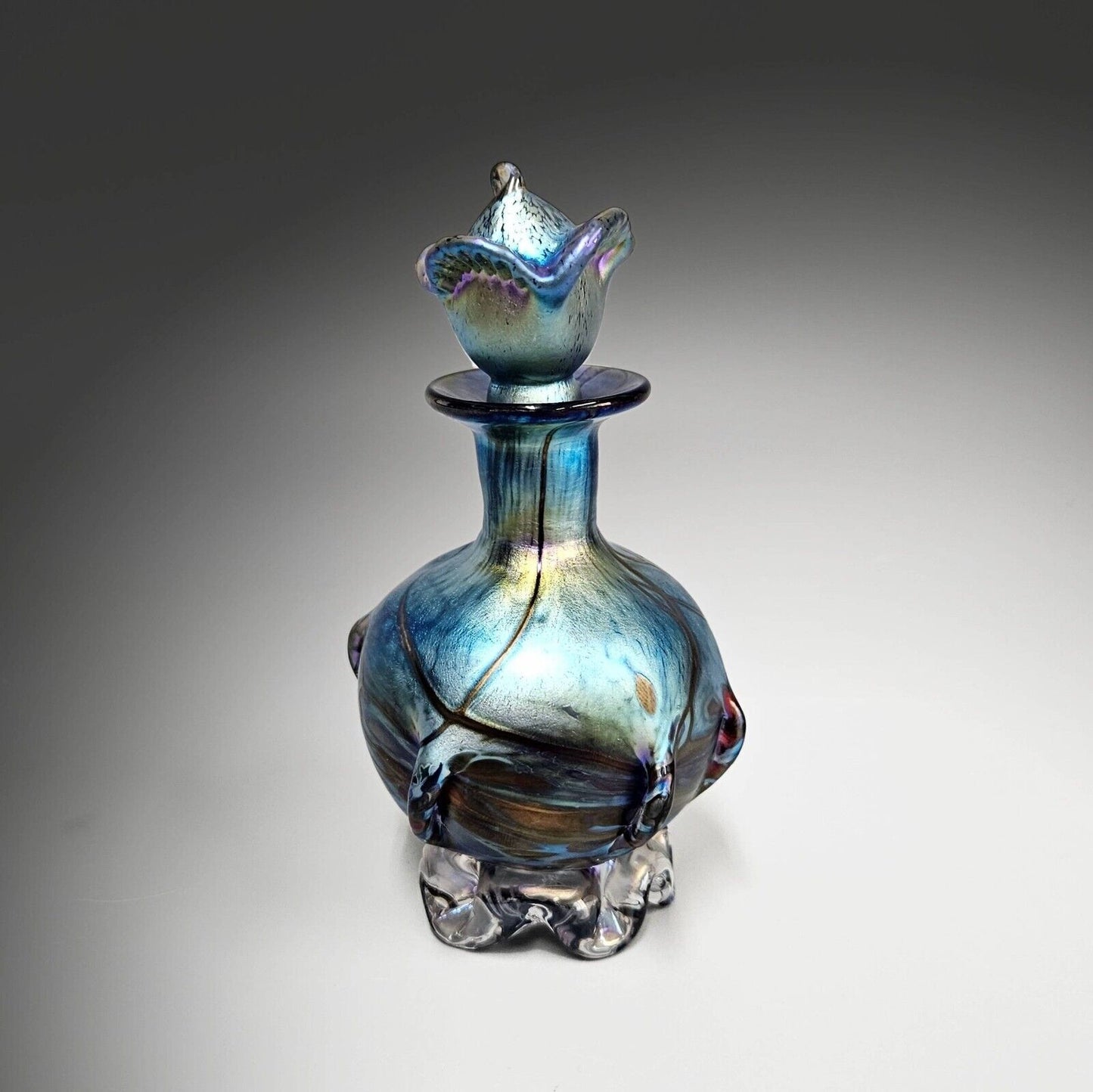 Saul Alcaraz Blue Luster Iridescent Art Glass Perfume Bottle - Signed