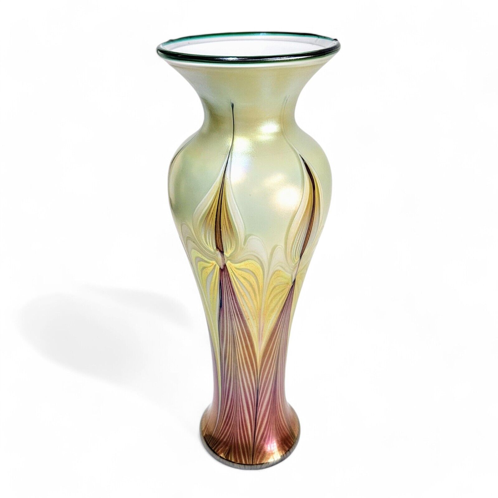 Tall Vandermark Studio Blown Glass Pulled Feather Iridescent Vase 12.5" | 1978