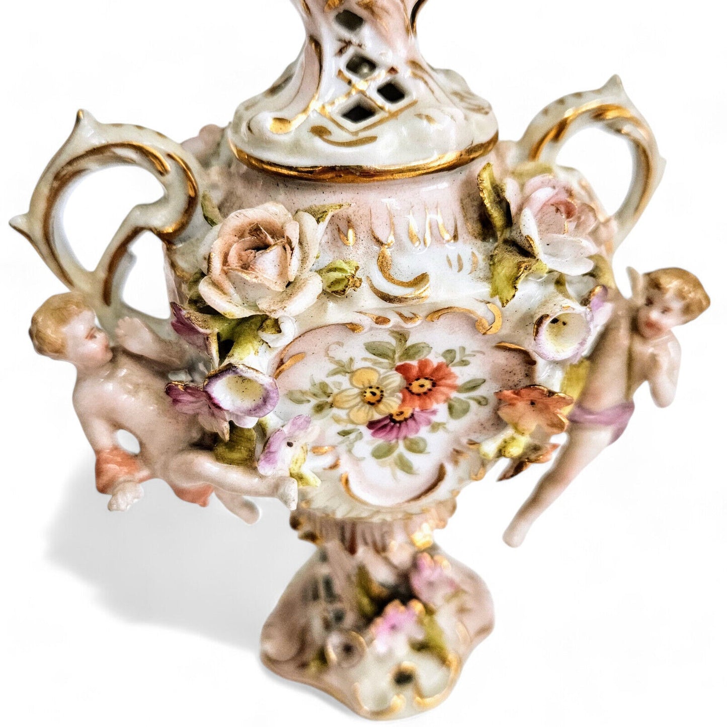 Antique Meissen Porcelain Miniature Urn Winged Cherubs with Gold Gilt- 19th Cent