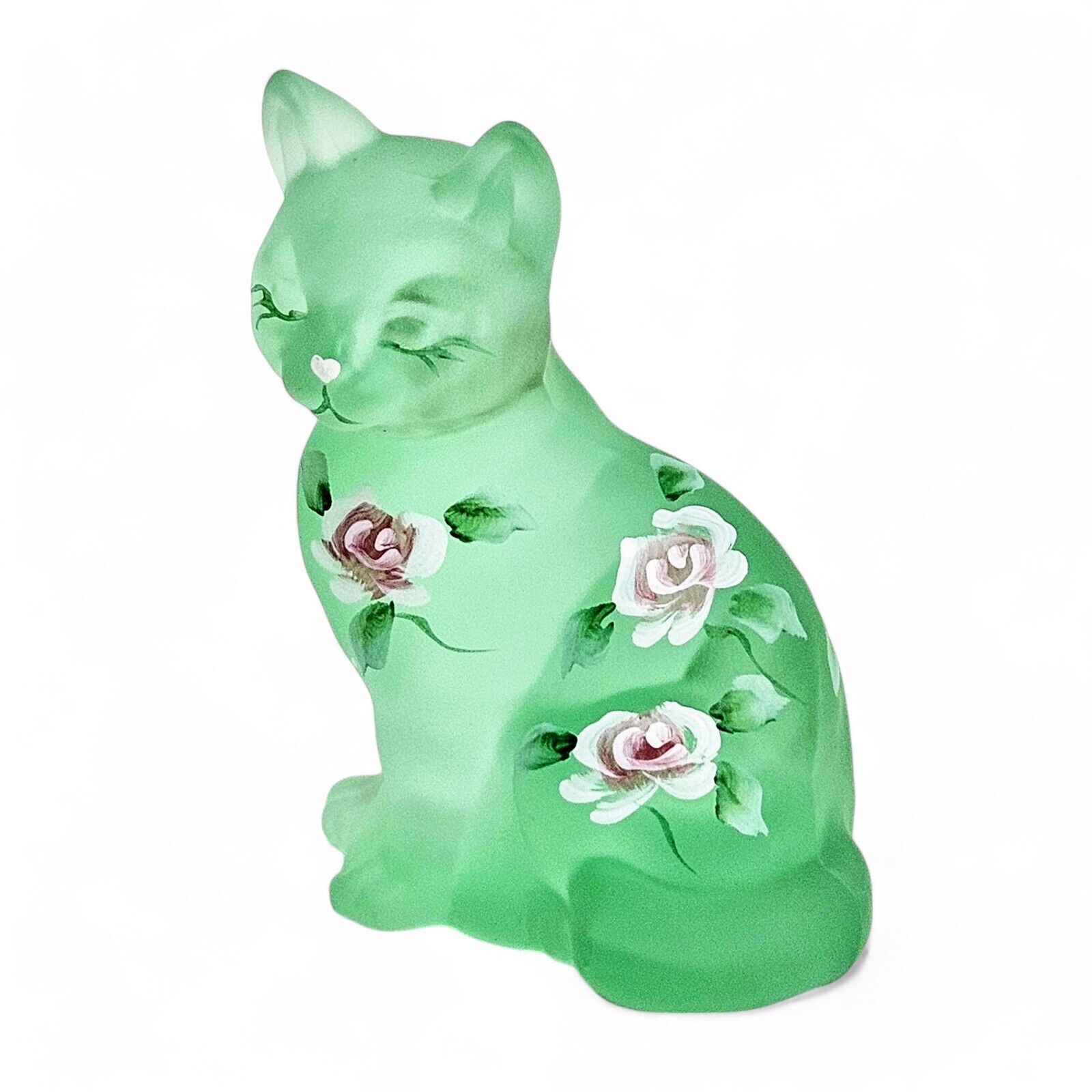 Fenton Art Glass Frosted Green Curious Cat | Hand Painted | Signed Sean K Fenton