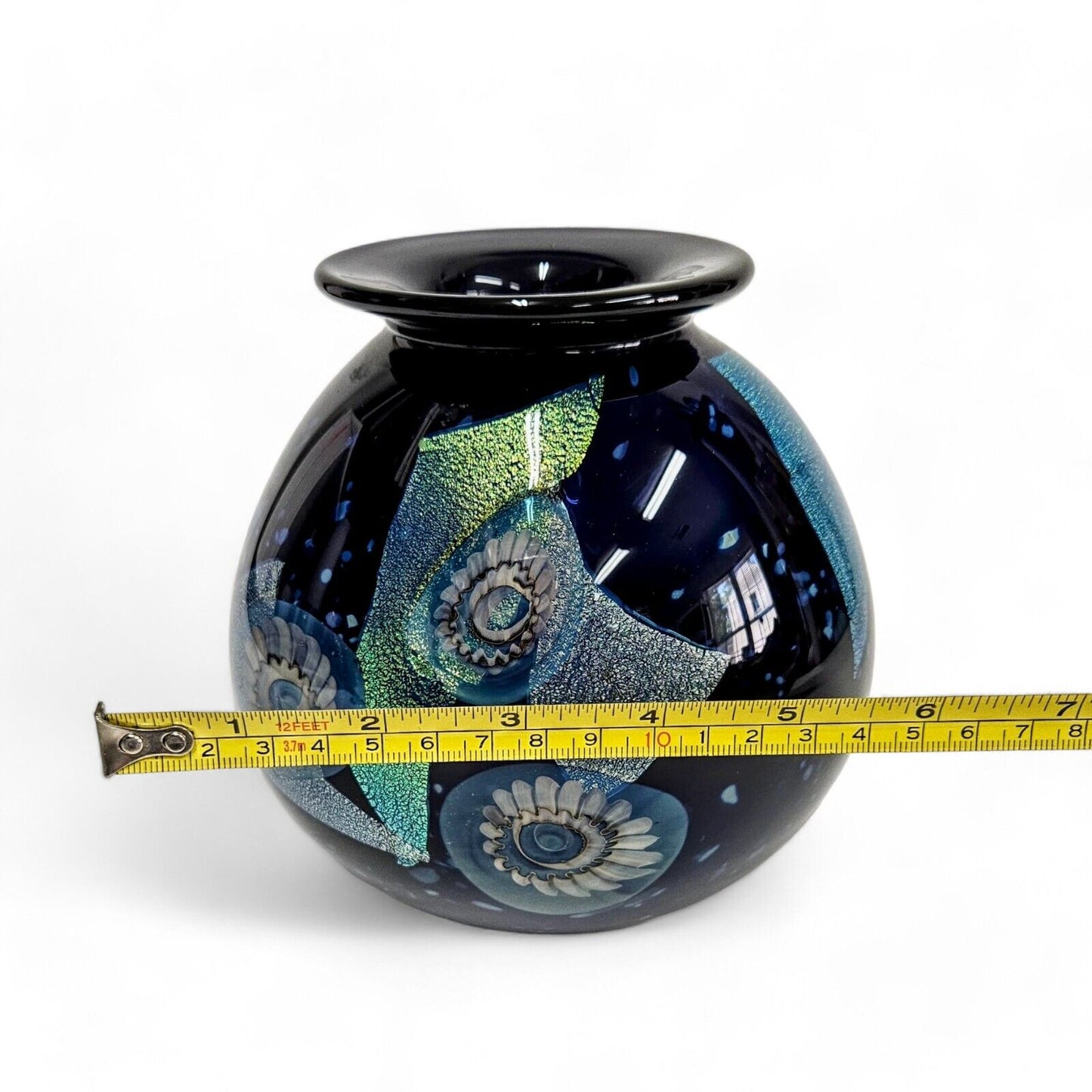 Robert Eickholt Glass Art Vase Signed Dated 2002 | Blue Dichroic Glass on Black