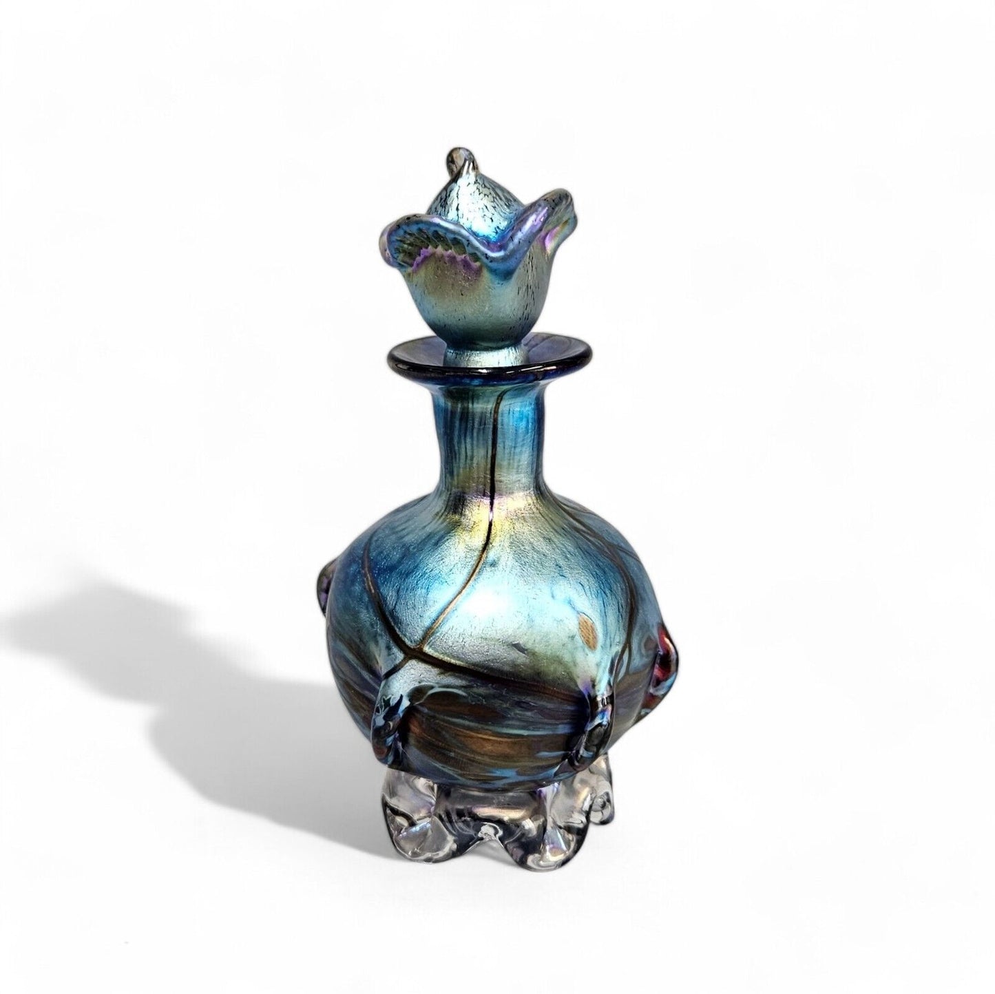 Saul Alcaraz Blue Luster Iridescent Art Glass Perfume Bottle - Signed