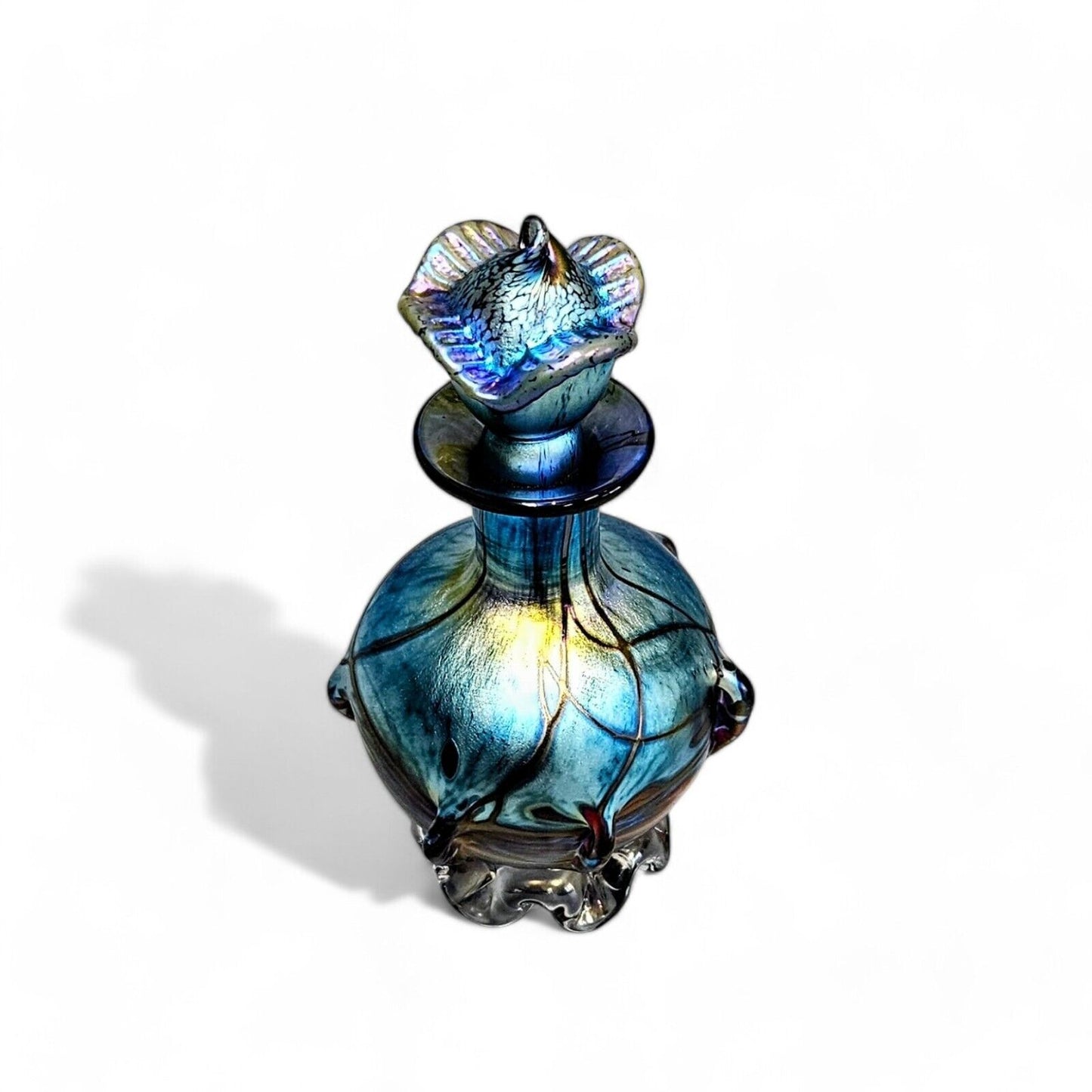 Saul Alcaraz Blue Luster Iridescent Art Glass Perfume Bottle - Signed