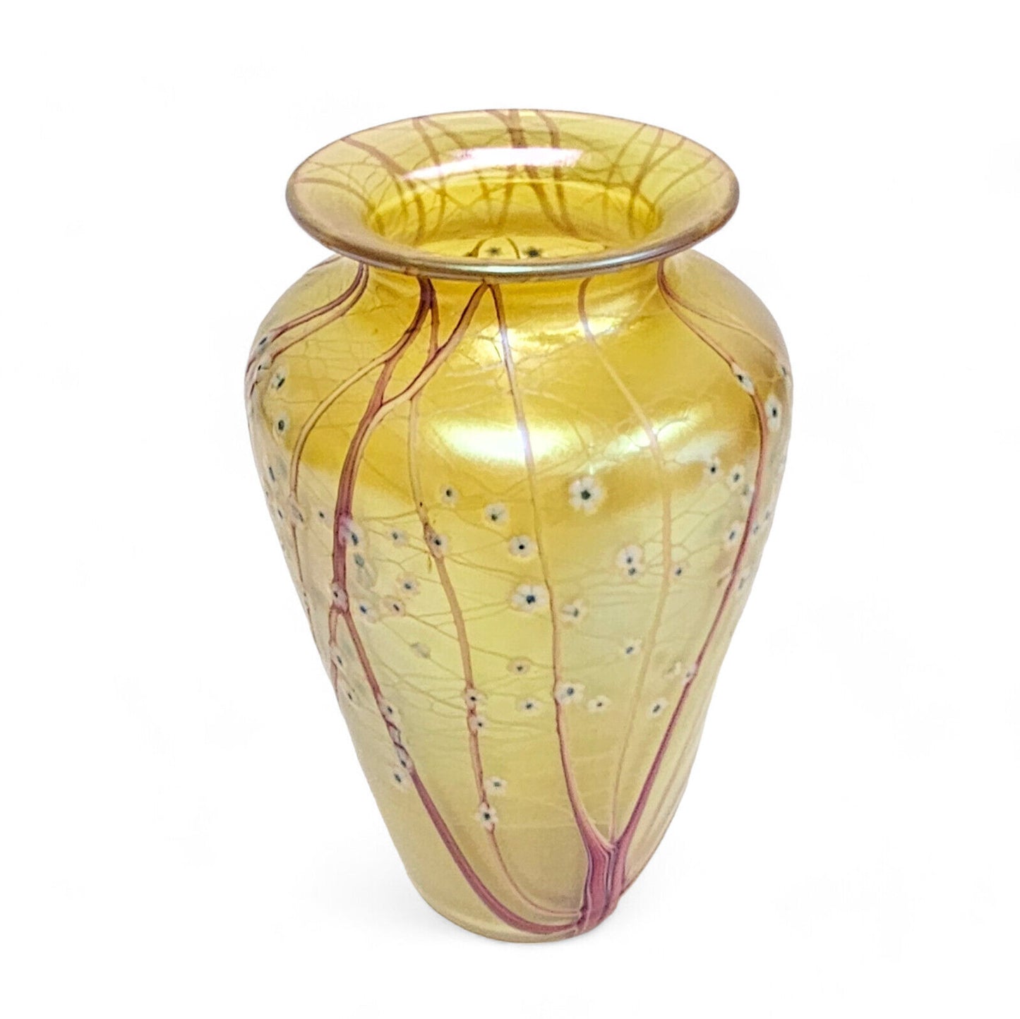 Orient & Flume Hawthorne Vase | Gold Irid Glass Art White Blossom | Signed Dated