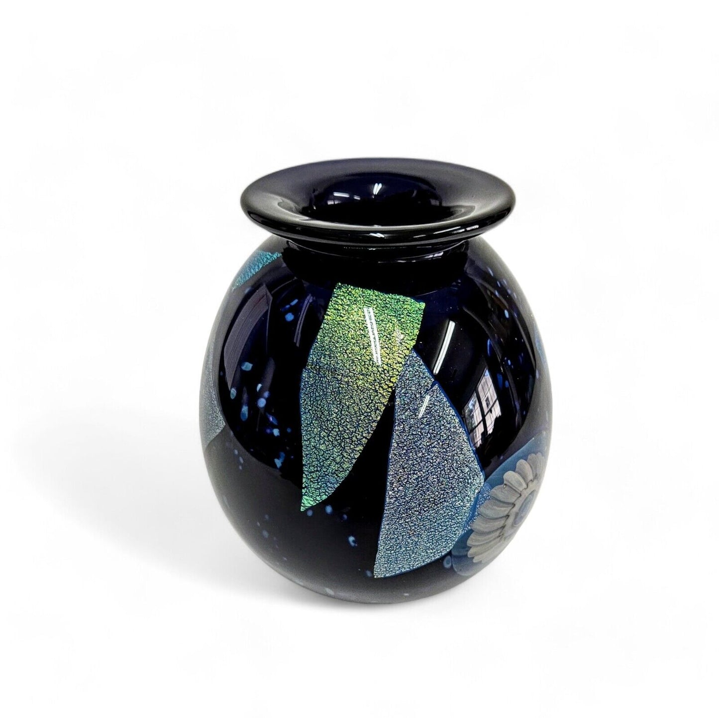 Robert Eickholt Glass Art Vase Signed Dated 2002 | Blue Dichroic Glass on Black