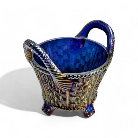 Vintage Iridescent Carnival Glass Basket Vase | Double Handle on Cobalt Blue