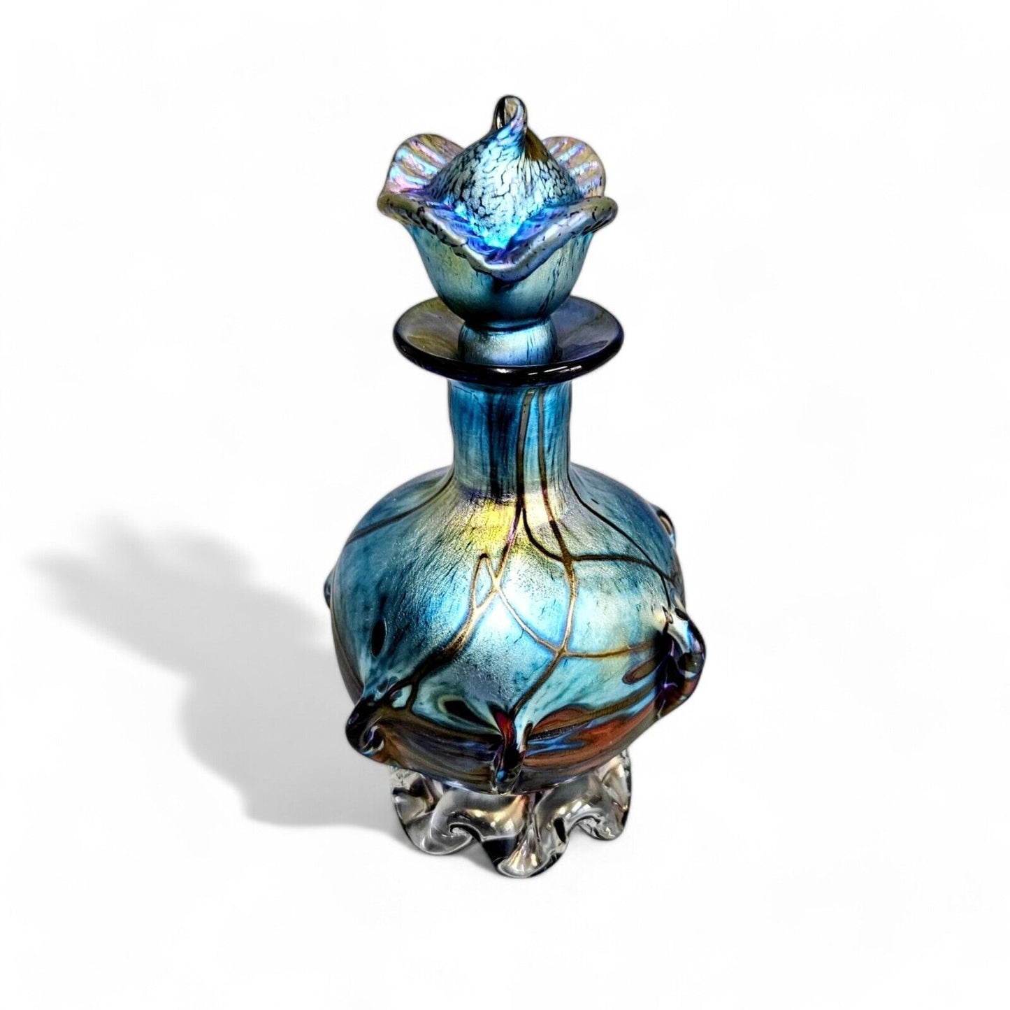 Saul Alcaraz Blue Luster Iridescent Art Glass Perfume Bottle - Signed