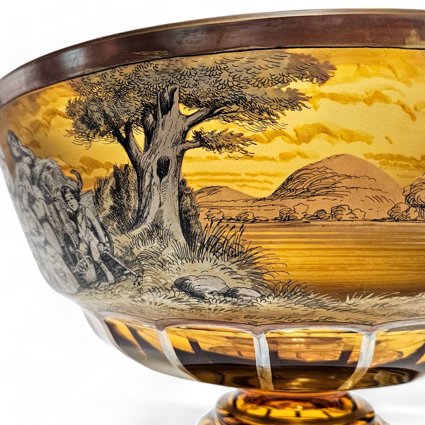 Antique Moser Amber Glass Pastoral Centerpiece Bowl with Gold Gilding