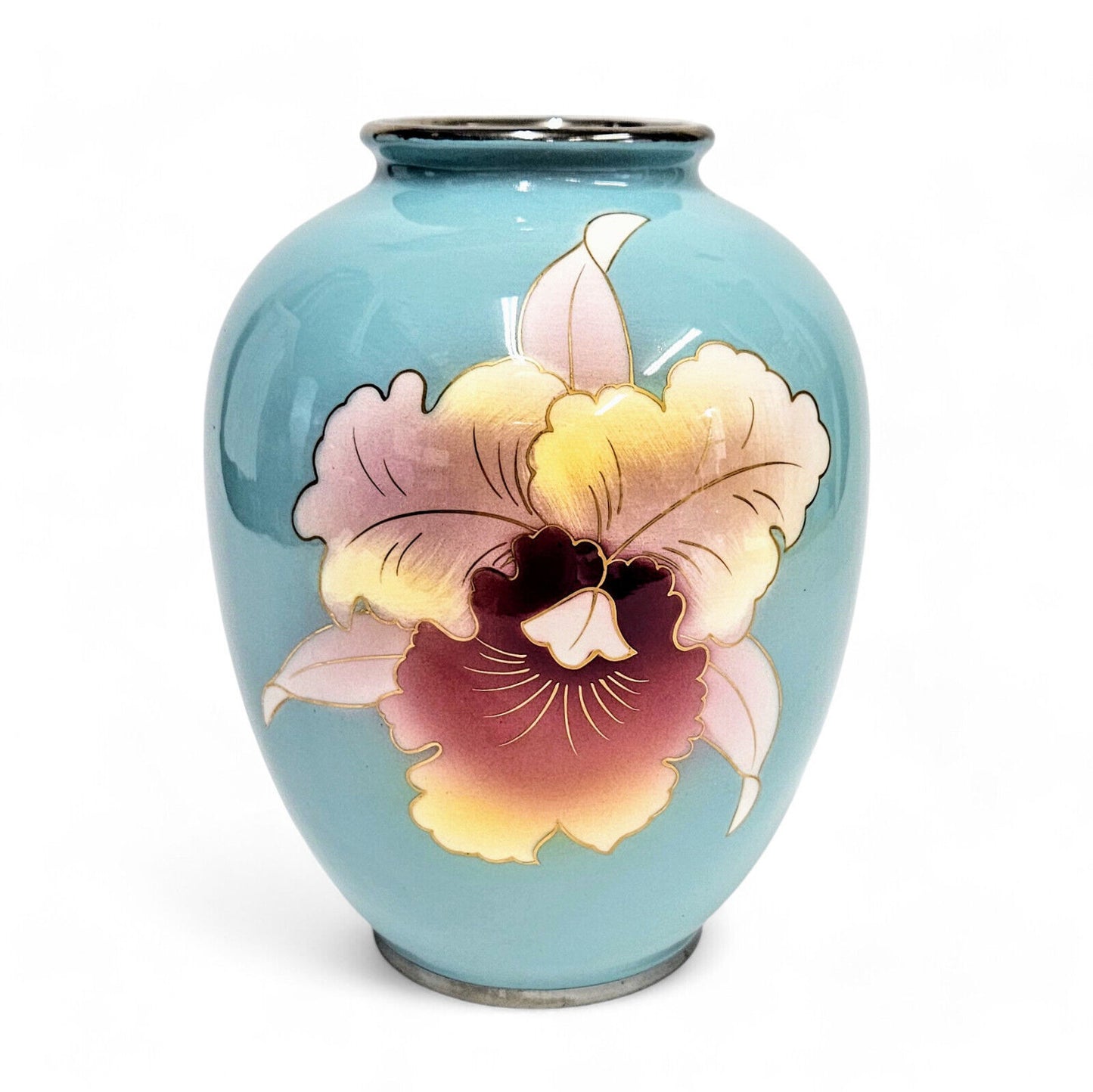 Porcelain MCM Vase in Aqua Blue with Cattleya Flower Fujiclo China Shippo Vase