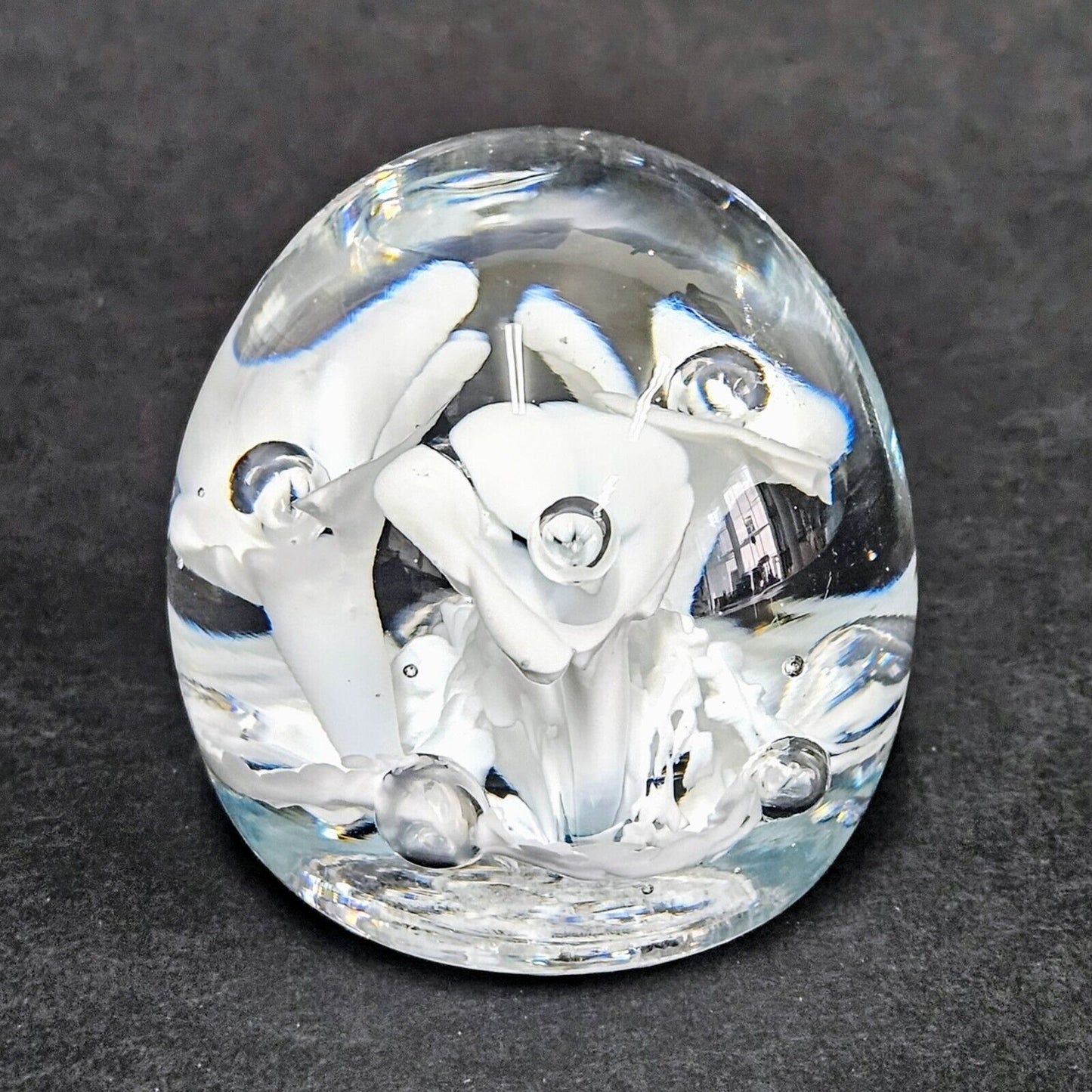 St. Clair Paperweight Art Glass Hand Blown Flowers White -Stamped