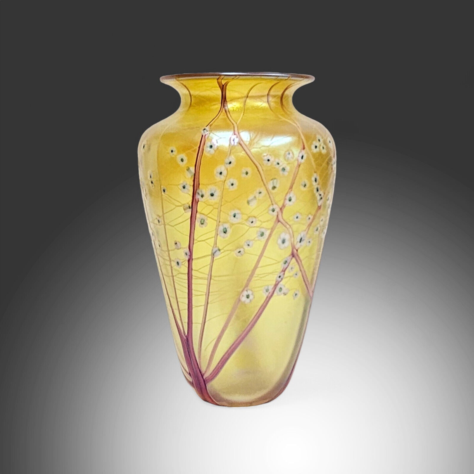 Orient & Flume Hawthorne Vase | Gold Irid Glass Art White Blossom | Signed Dated