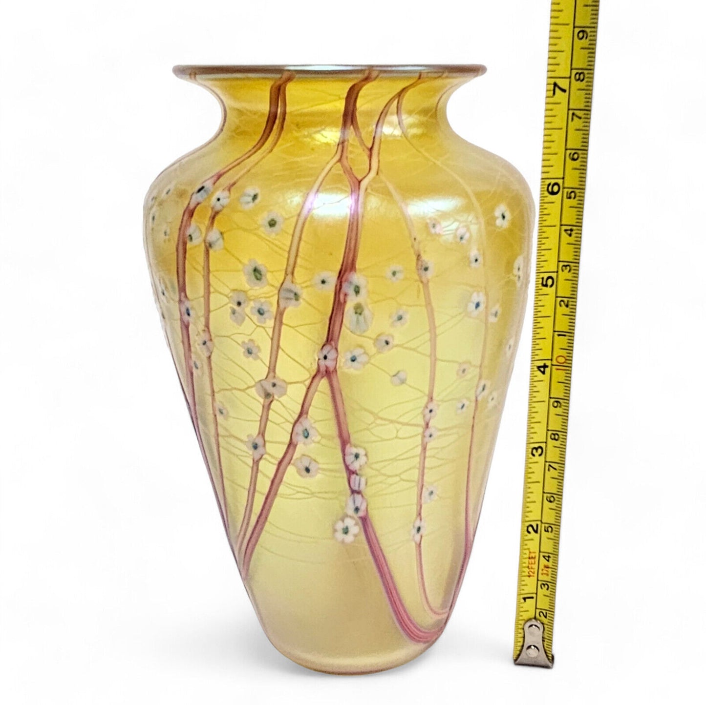 Orient & Flume Hawthorne Vase | Gold Irid Glass Art White Blossom | Signed Dated