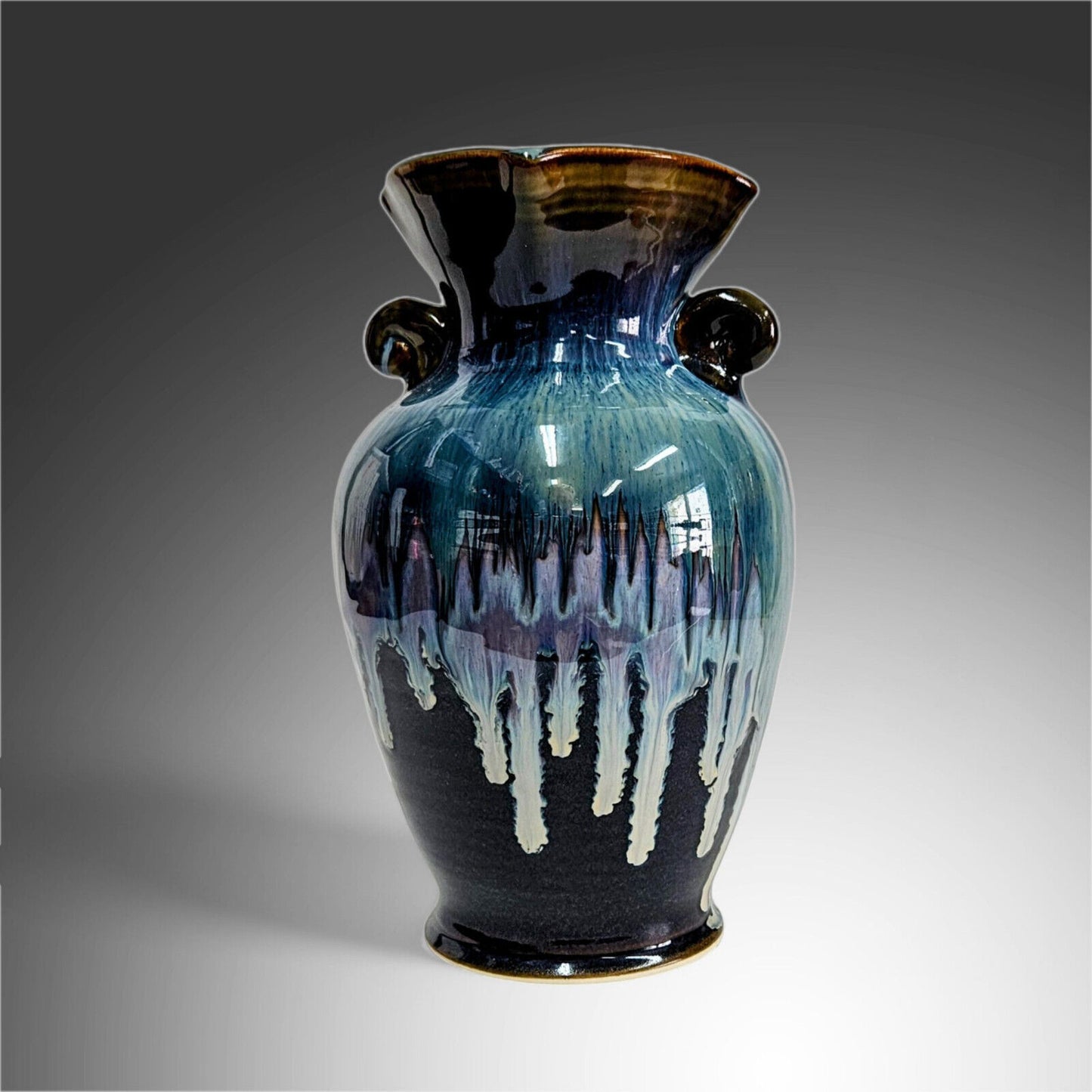 Bill Campbell Pottery Vase in Blues and Purple Drip Glaze | 9.5 Inches Tall