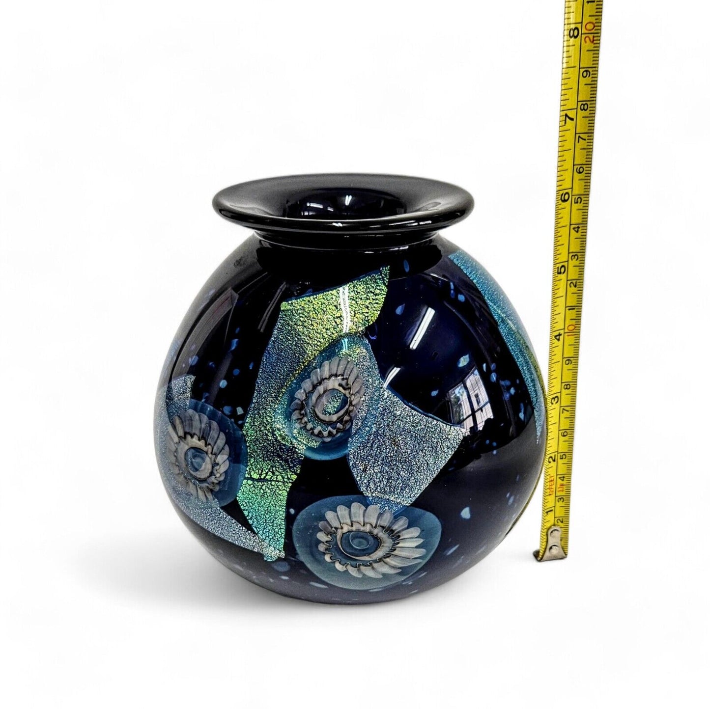 Robert Eickholt Glass Art Vase Signed Dated 2002 | Blue Dichroic Glass on Black