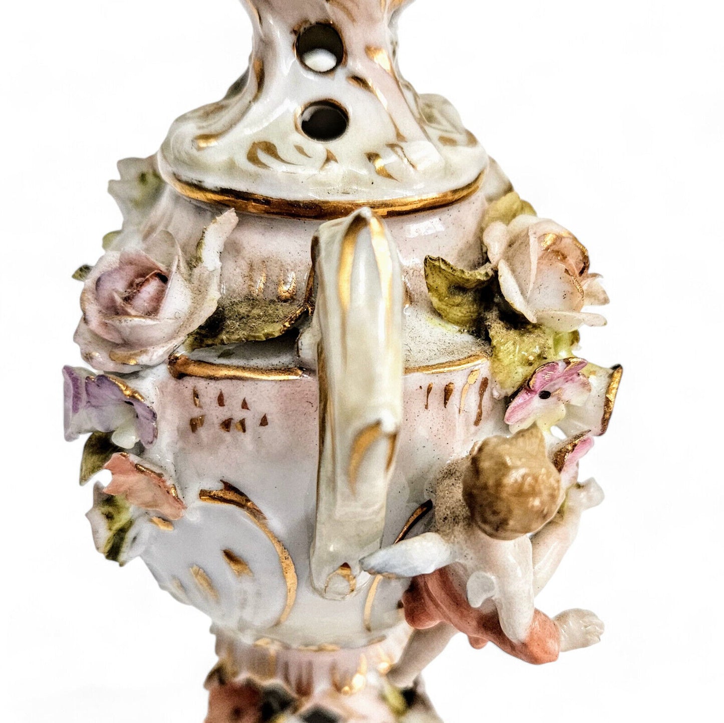 Antique Meissen Porcelain Miniature Urn Winged Cherubs with Gold Gilt- 19th Cent