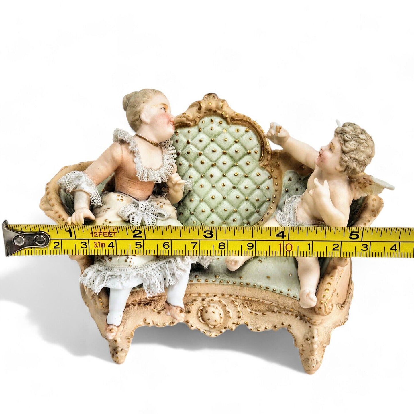 Antique Meissen Porcelain Woman with Cherub on Sofa Figurine