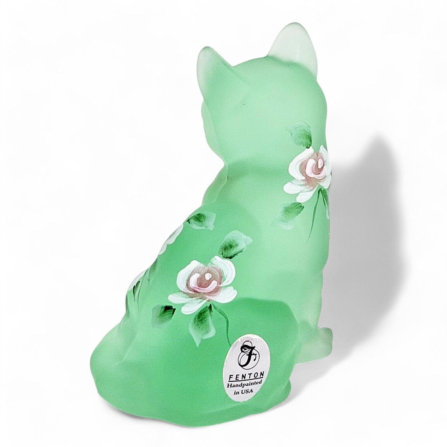 Fenton Art Glass Frosted Green Curious Cat | Hand Painted | Signed Sean K Fenton