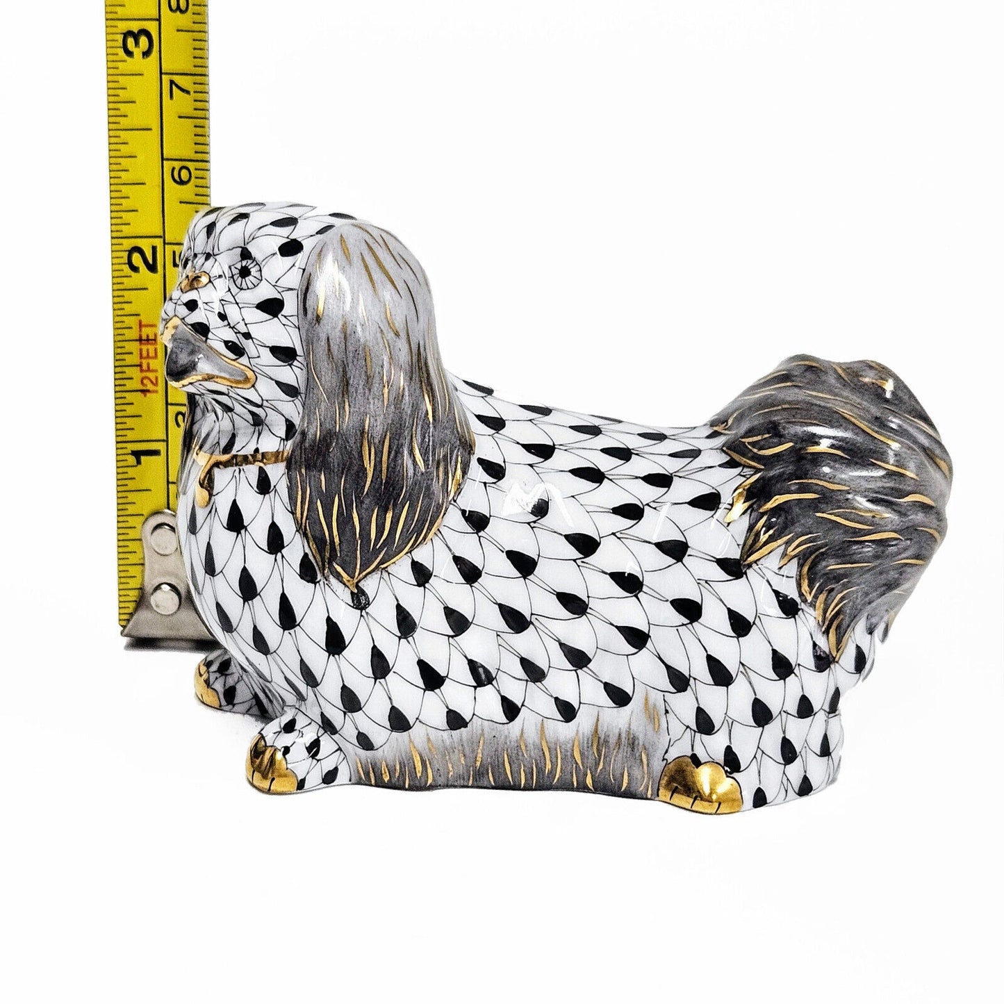 Herend Pekingese Dog Figurine in Black Fishnet with 24 Karat Gold Accents MINT