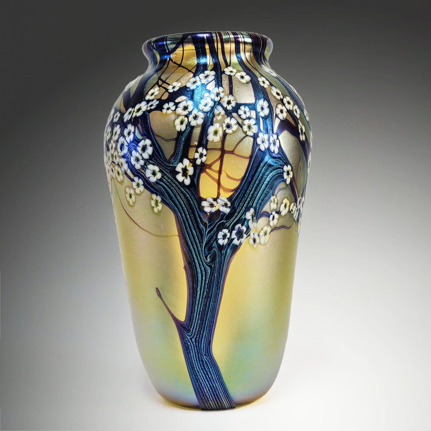 Orient & Flume Hawthorne Vase | Gold Iridescent w/Blue Cane Blossom Signed 1983