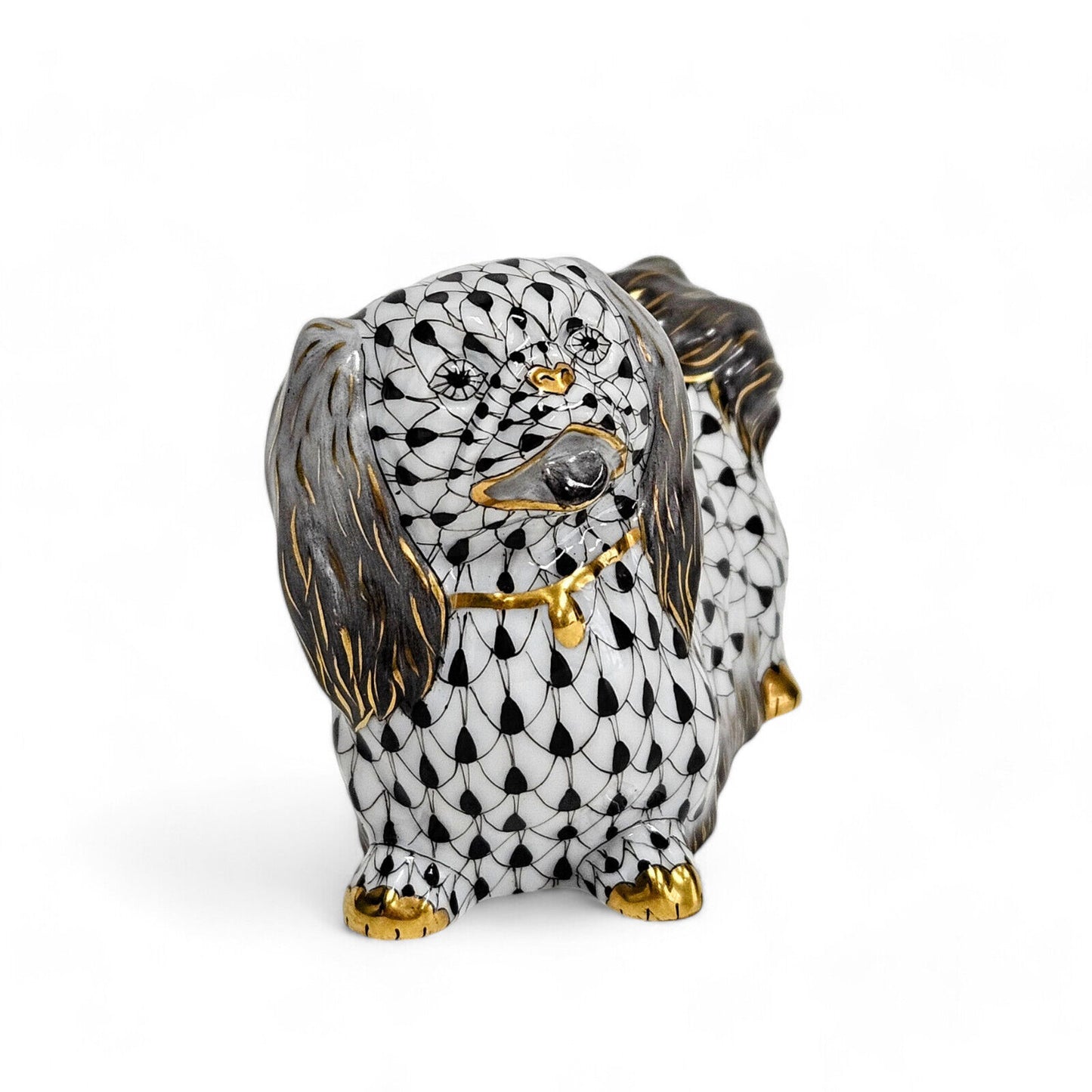 Herend Pekingese Dog Figurine in Black Fishnet with 24 Karat Gold Accents MINT