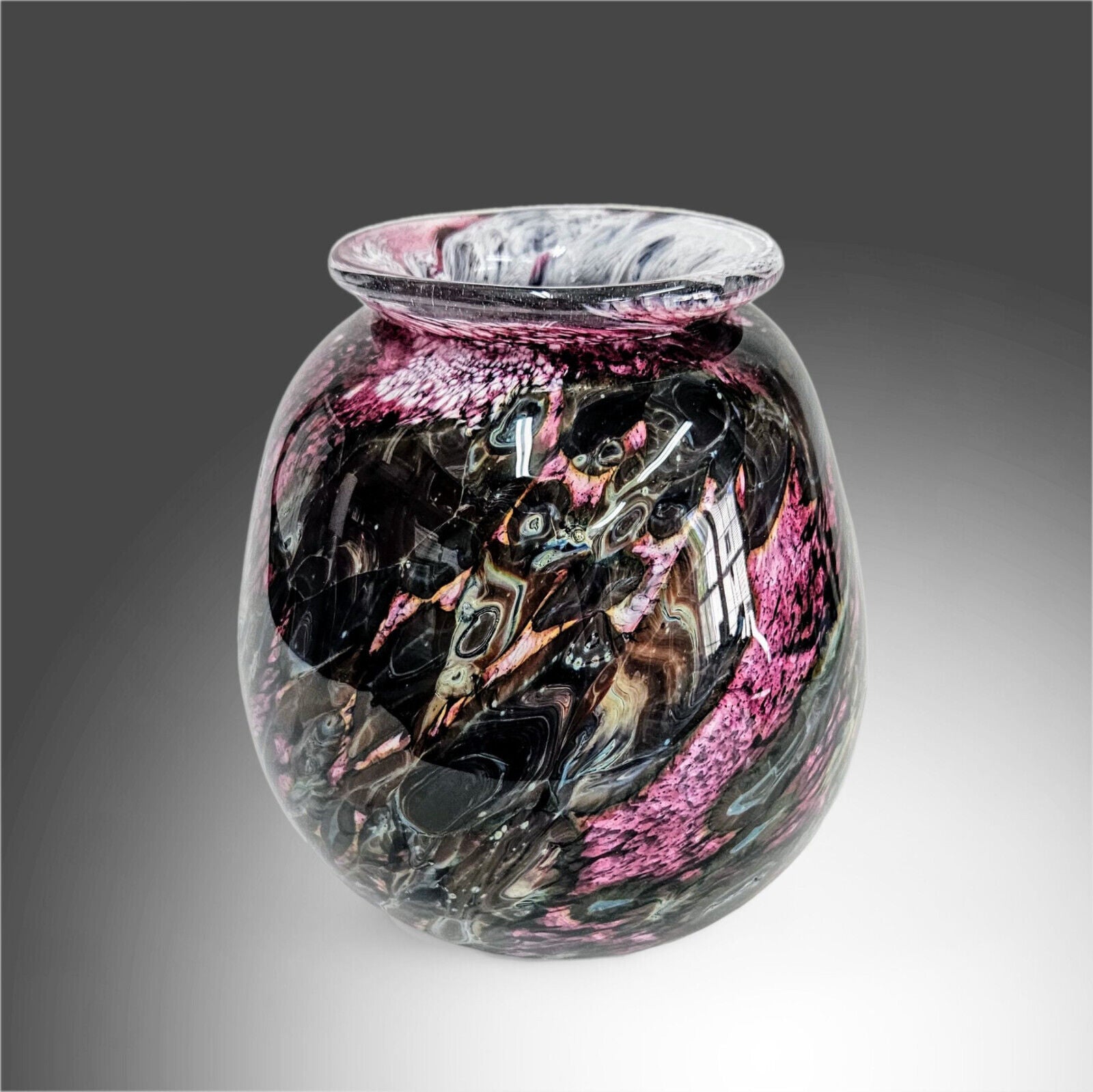 Robert Eickholt Glass Art Vase Magnificent Pink Gray Black Abstract Signed Dated