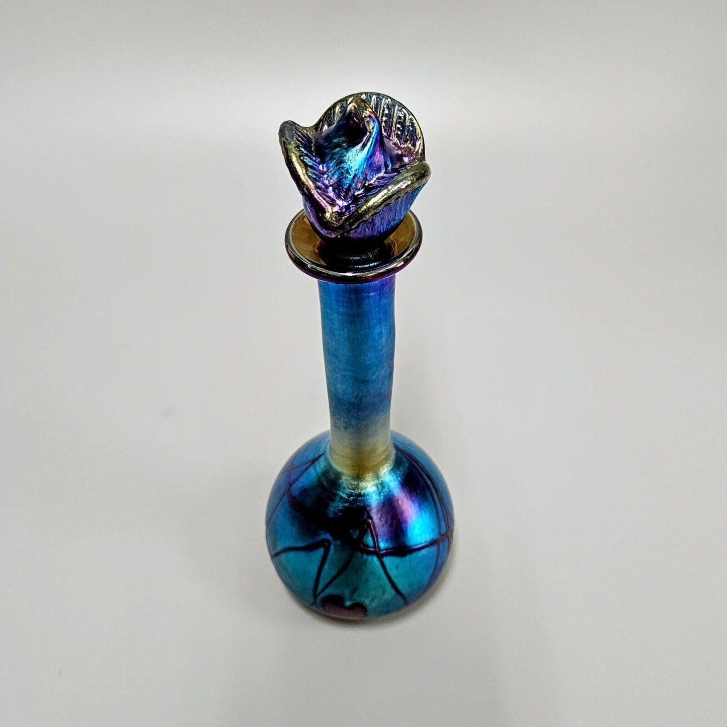 Saul Alcaraz Blue Luster Iridescent Art Glass Tall Perfume Bottle - Signed