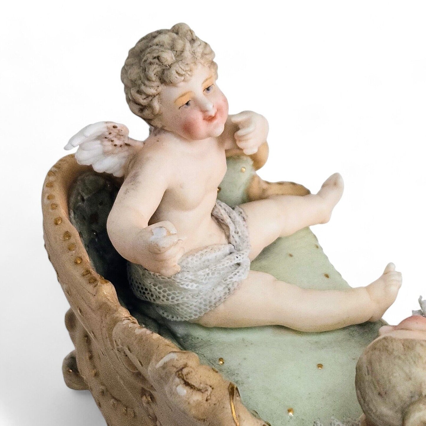 Antique Meissen Porcelain Woman with Cherub on Sofa Figurine