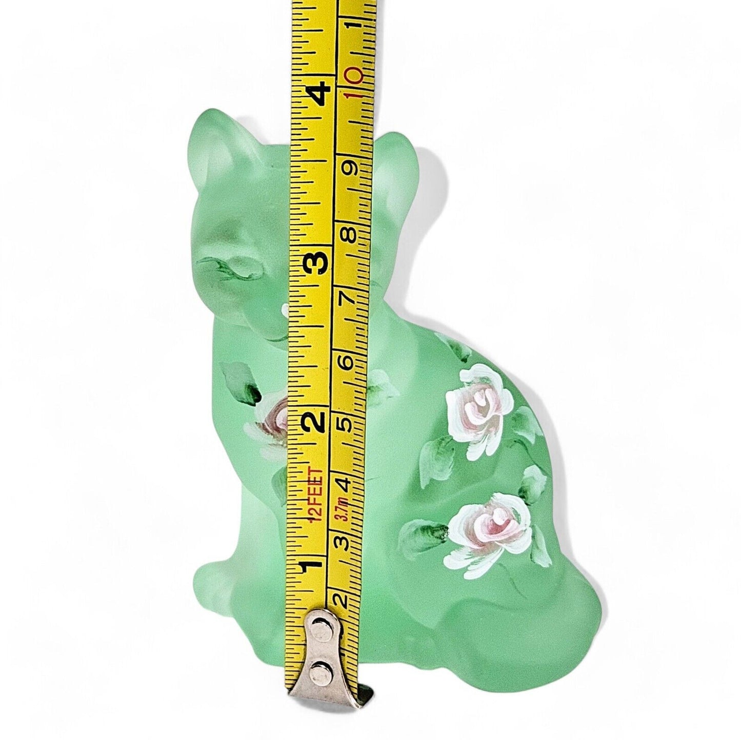 Fenton Art Glass Frosted Green Curious Cat | Hand Painted | Signed Sean K Fenton