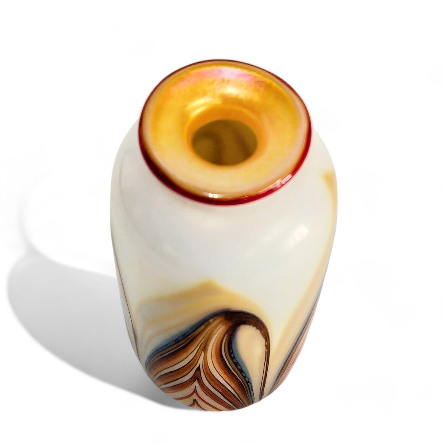 Lundberg Blown Glass Art Mini Vase - Pulled Feather - Signed Dated 1999