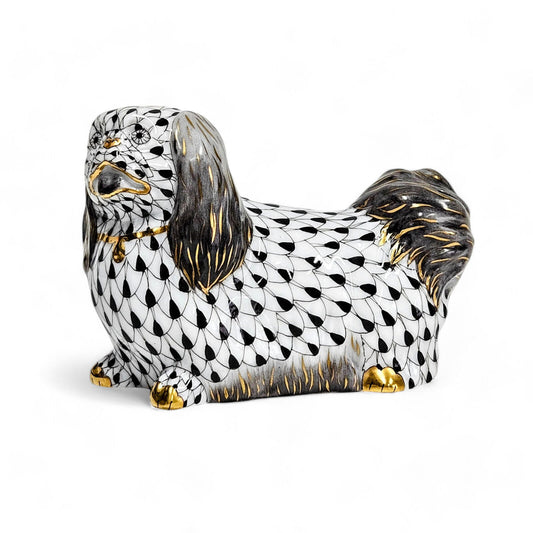 Herend Pekingese Dog Figurine in Black Fishnet with 24 Karat Gold Accents MINT