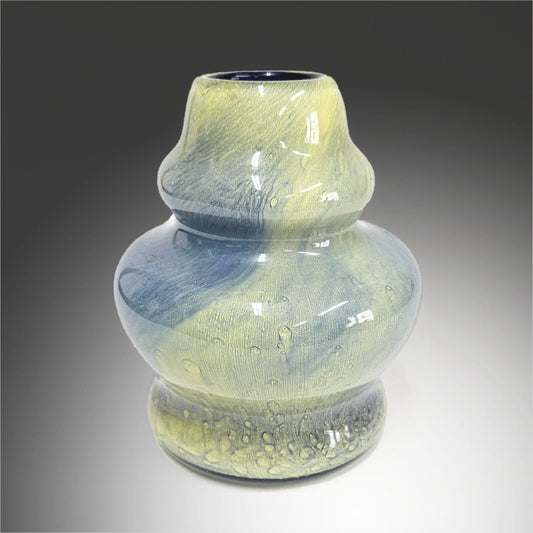 Robert Eickholt Blown Glass Art Vase | Signed and Dated 1983 | Pale Yellow, Blue