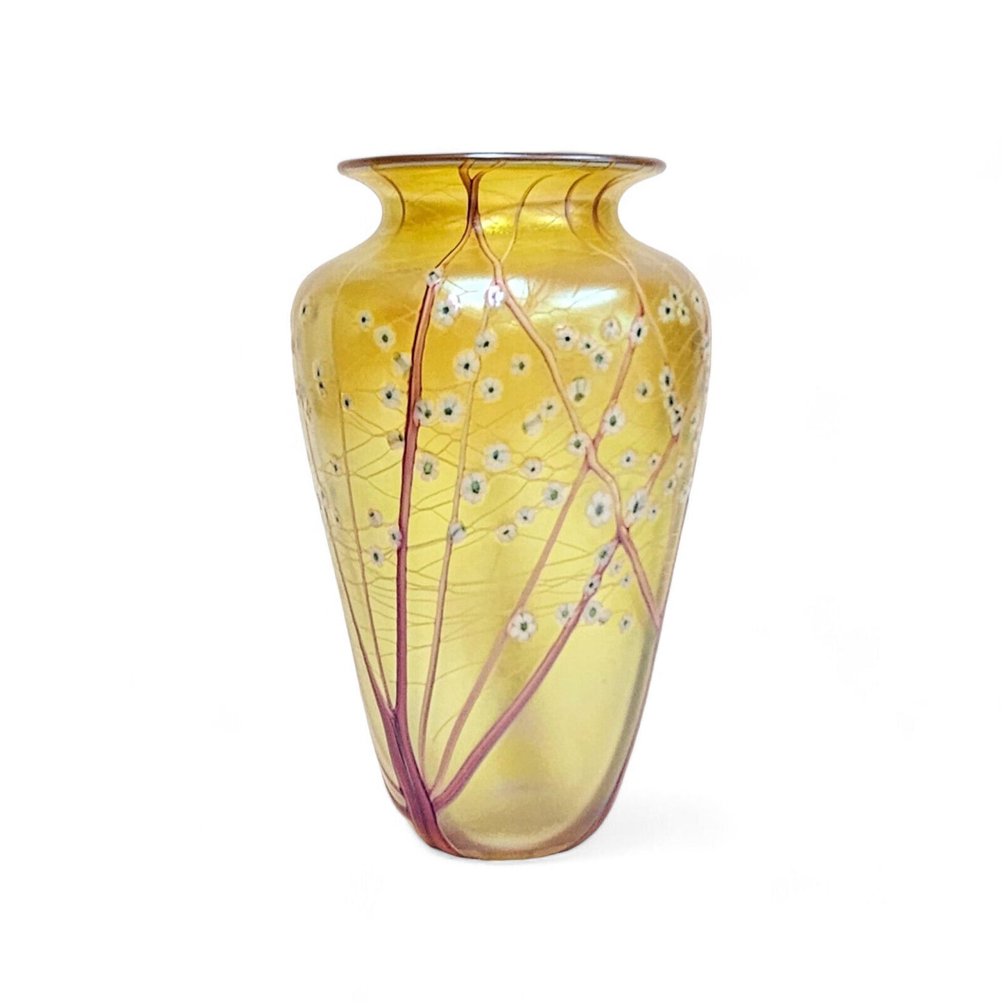 Orient & Flume Hawthorne Vase | Gold Irid Glass Art White Blossom | Signed Dated